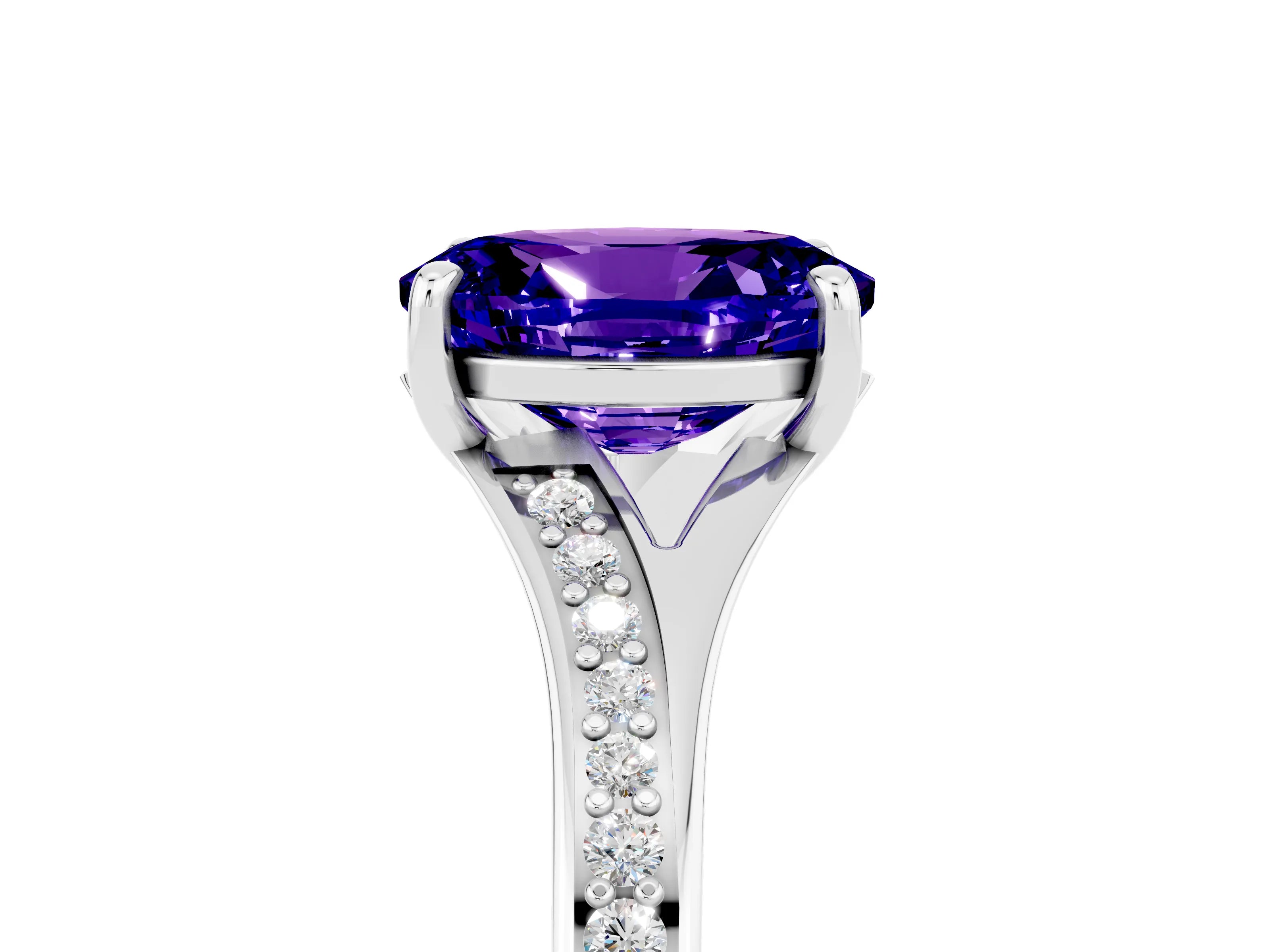 White gold Oval Cut Tanzanite Solitaire Ring with Pavé Band and Prong Setting_17