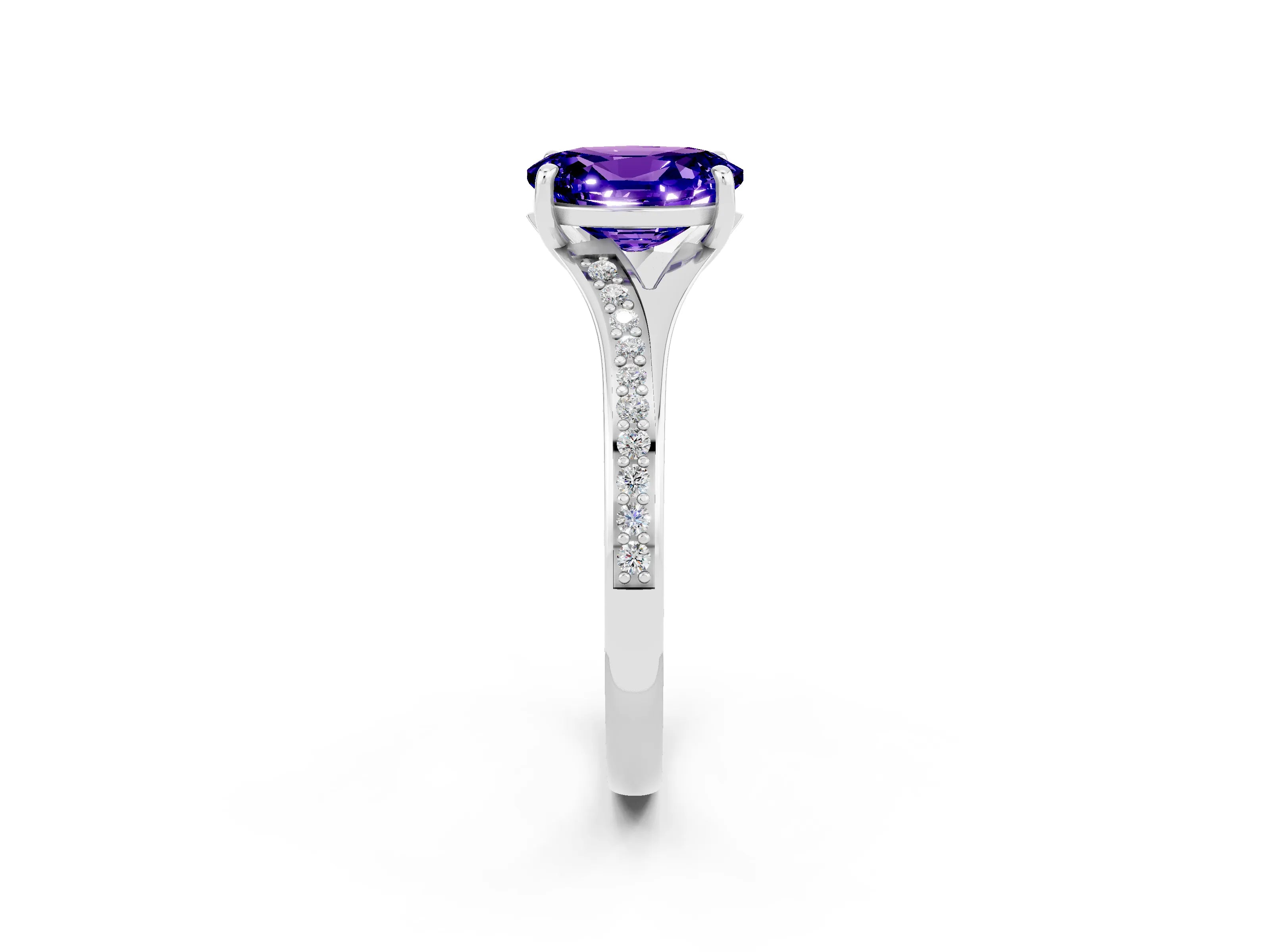 White gold Oval Cut Tanzanite Solitaire Ring with Pavé Band and Prong Setting_2