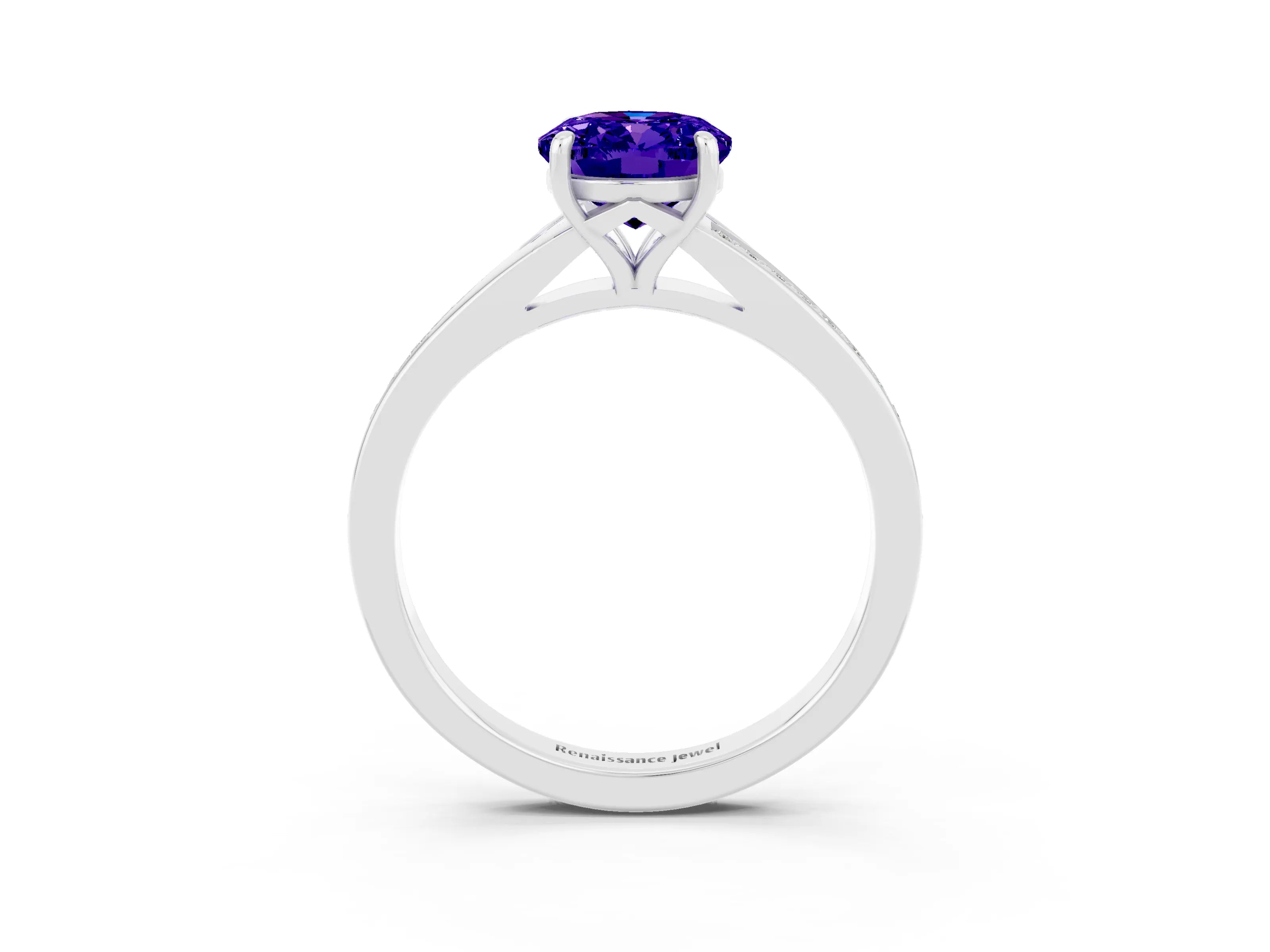 White gold Oval Cut Tanzanite Solitaire Ring with Pavé Band and Prong Setting_3