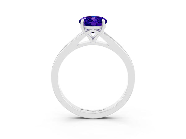 Silver Oval Cut Tanzanite Solitaire Ring with Pavé Band and Prong Setting