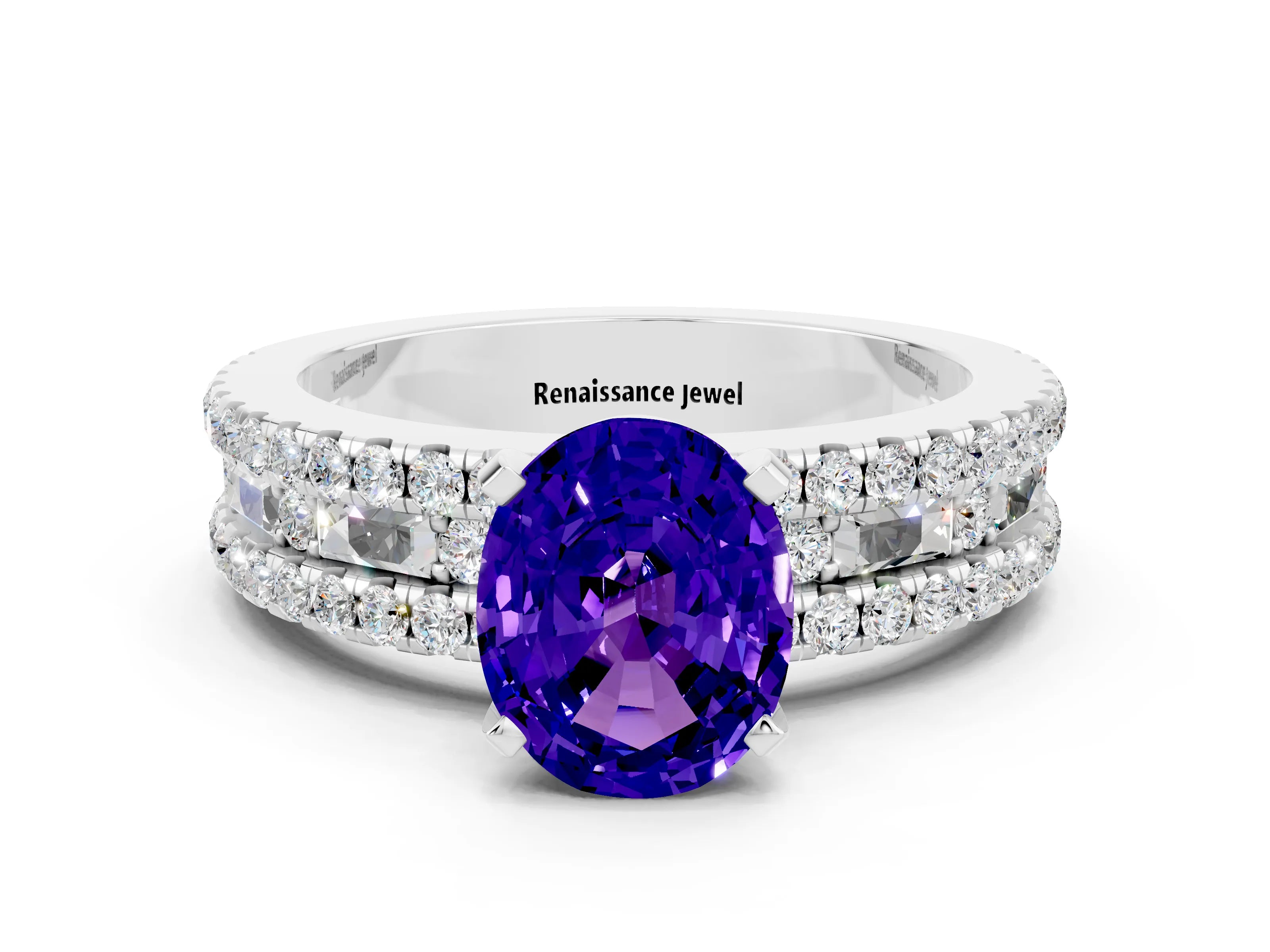 White gold Oval Cut Tanzanite Solitaire Ring with Pavé and Channel Set Band