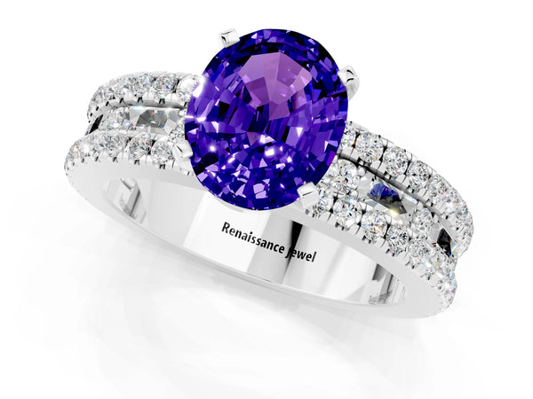 Platinum Oval Cut Tanzanite Solitaire Ring with Pavé and Channel Set Band