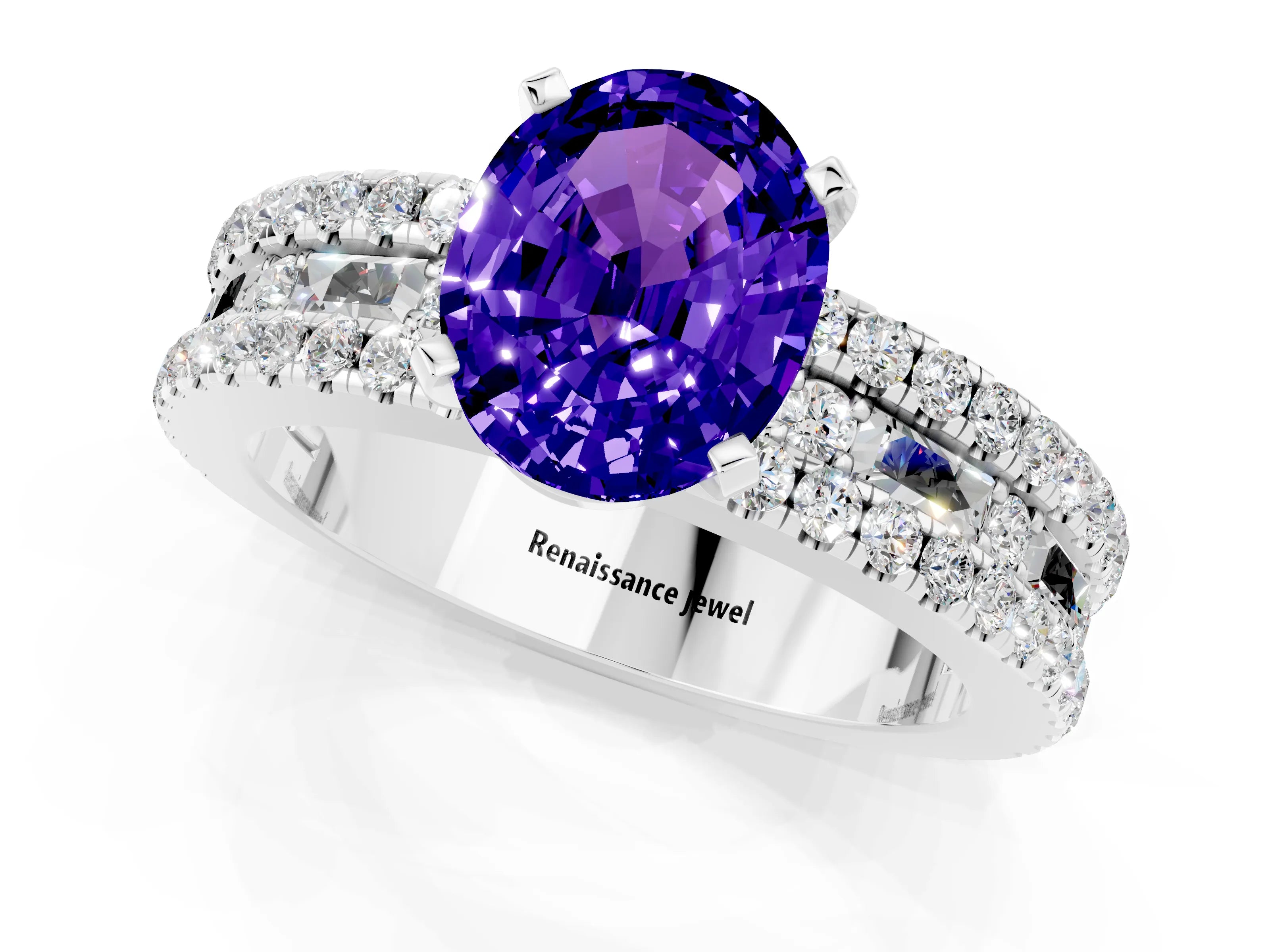 White gold Oval Cut Tanzanite Solitaire Ring with Pavé and Channel Set Band_1