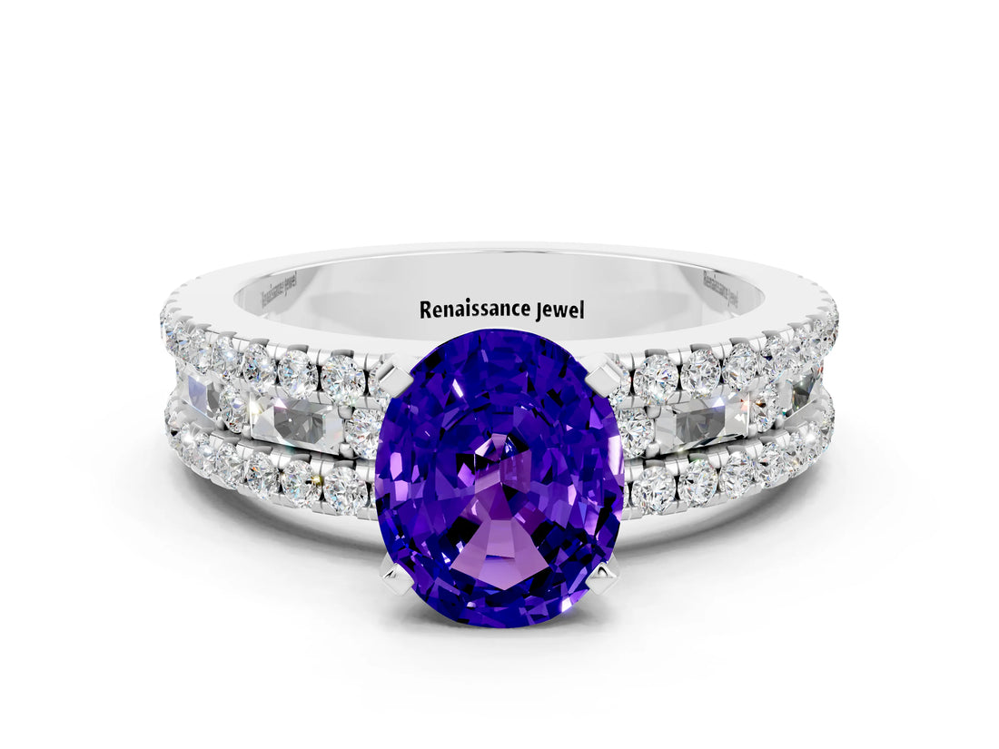 White gold Oval Cut Tanzanite Solitaire Ring with Pavé and Channel Set Band