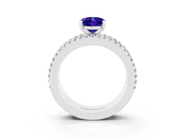 Silver Oval Cut Tanzanite Solitaire Ring with Pavé and Channel Set Band