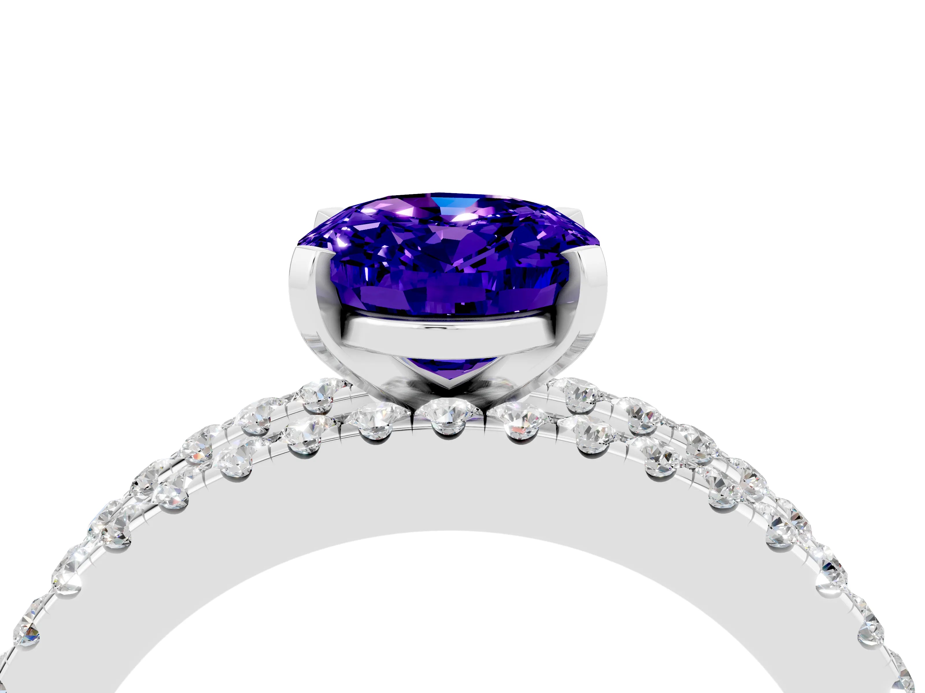 White gold Oval Cut Tanzanite Solitaire Ring with Pavé and Channel Set Band_4