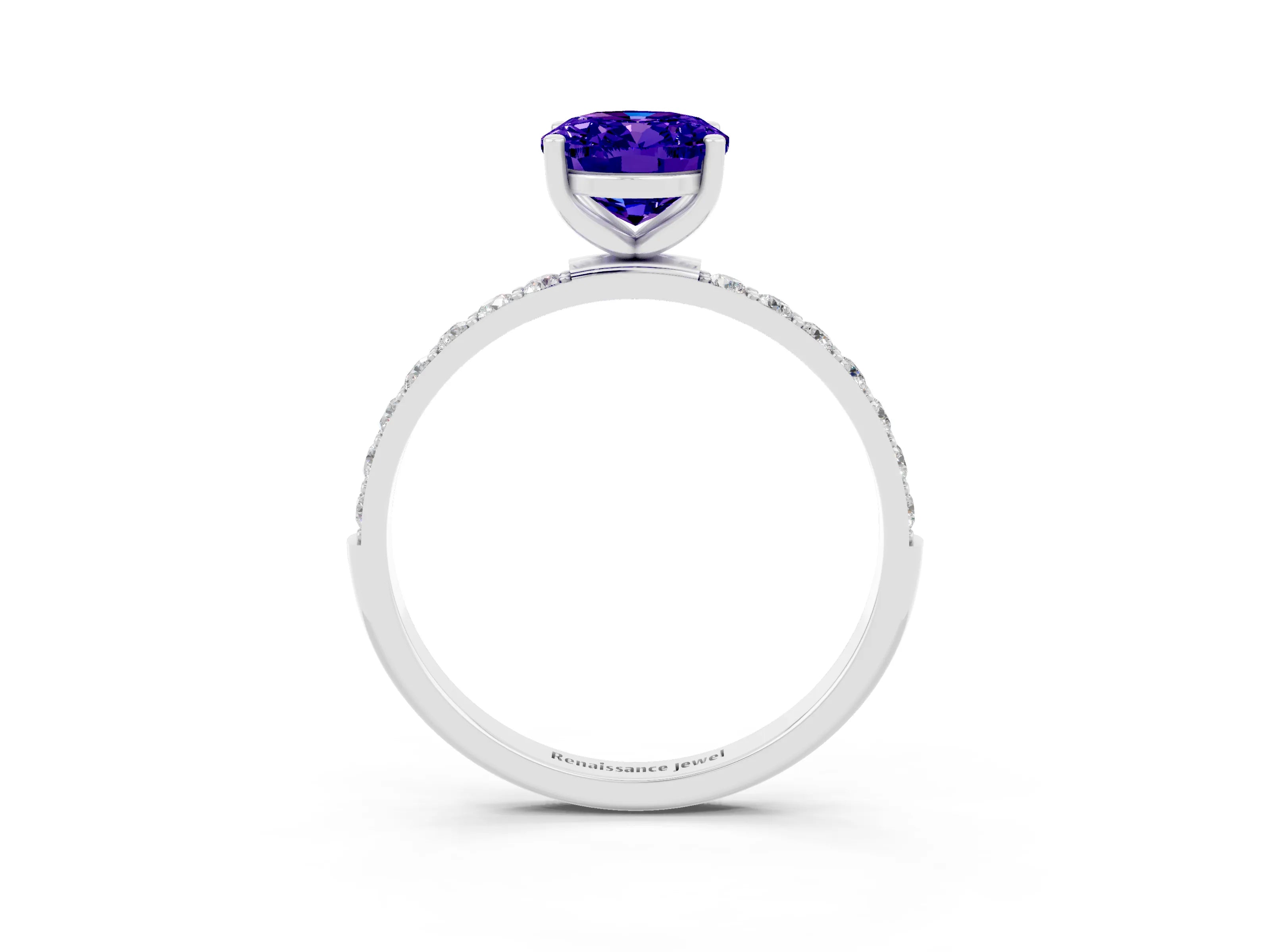 White gold Oval Cut Tanzanite Solitaire Ring with Pave Band and Four Prong Setting_15