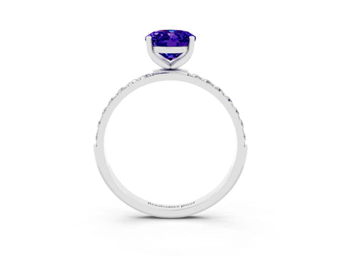 White gold Oval Cut Tanzanite Solitaire Ring with Pave Band and Four Prong Setting_15