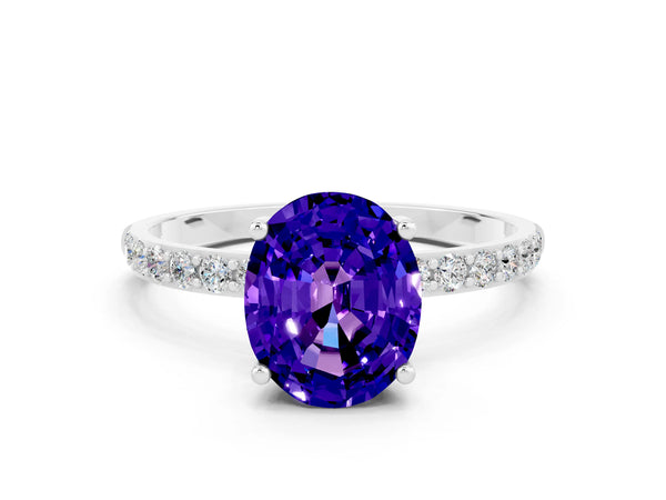 White gold Oval Cut Tanzanite Solitaire Ring with Round  Pavé Band and Prong Setting