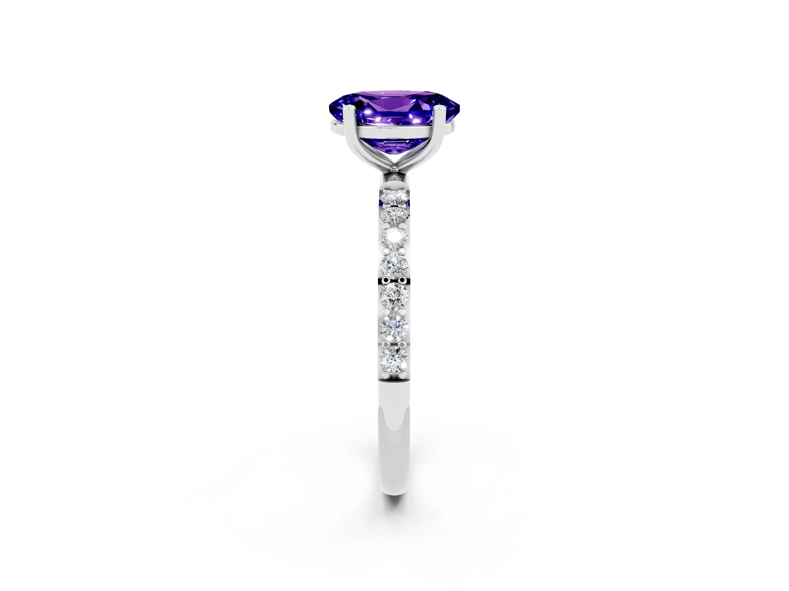 White gold Oval Cut Tanzanite Solitaire Ring with Pave Band and Four Prong Setting_26