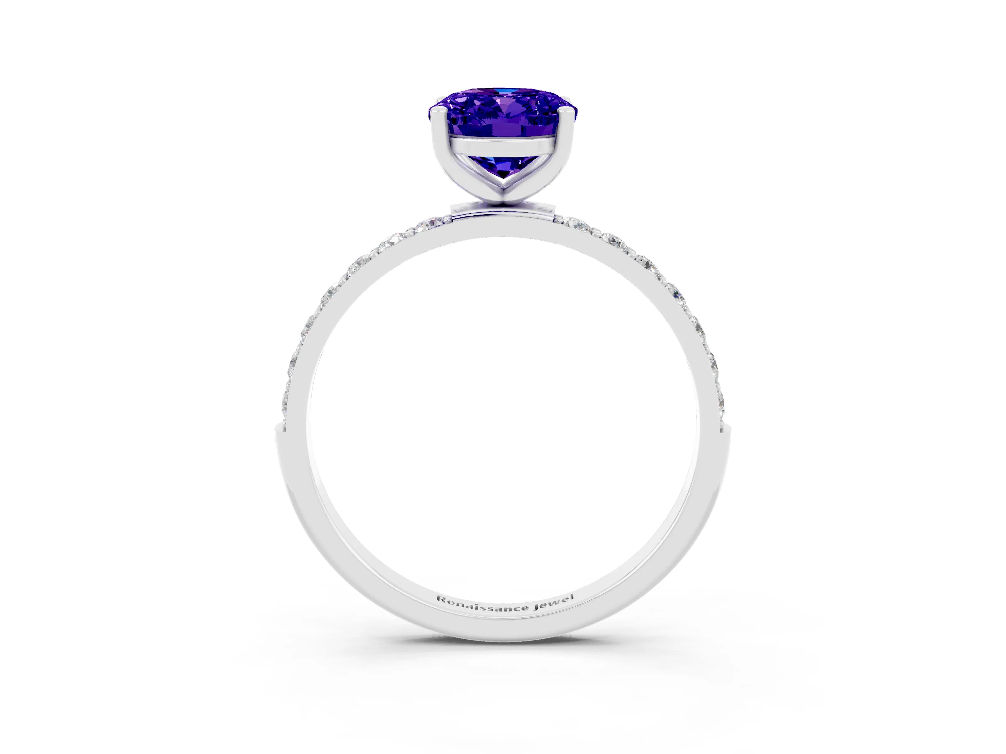 White gold Oval Cut Tanzanite Solitaire Ring with Pave Band and Four Prong Setting_27