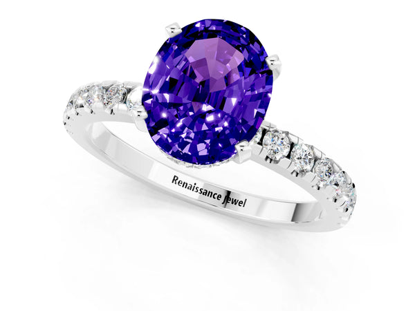 White gold Oval Cut Tanzanite Solitaire Ring with Round  Pavé Band and Four-Prong Setting