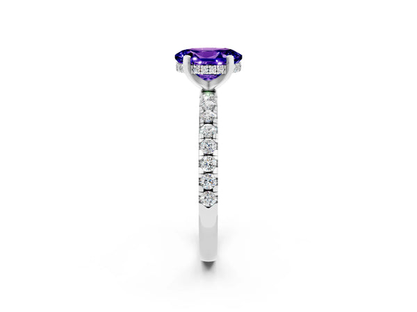 White gold Oval Cut Tanzanite Solitaire Ring with Round  Pavé Band and Four-Prong Setting