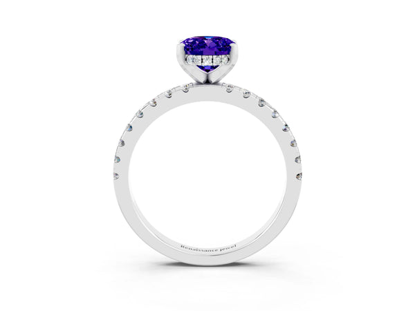 White gold Oval Cut Tanzanite Solitaire Ring with Round  Pavé Band and Four-Prong Setting