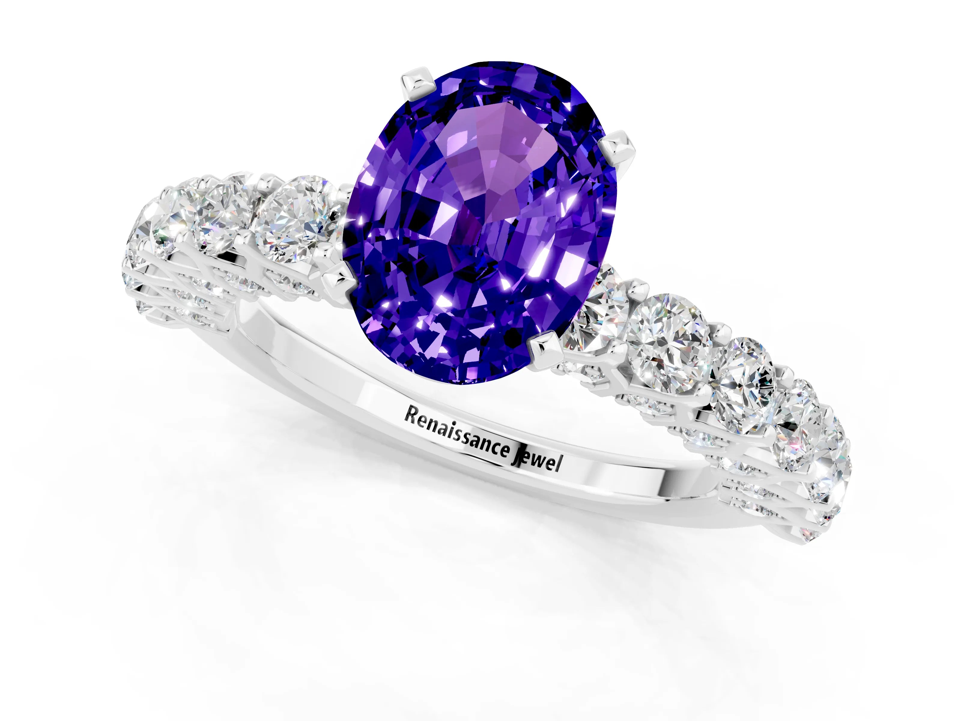 White gold Oval Cut Tanzanite Solitaire Ring with Shared Prong Pavé Band and Four-Prong Setting_1