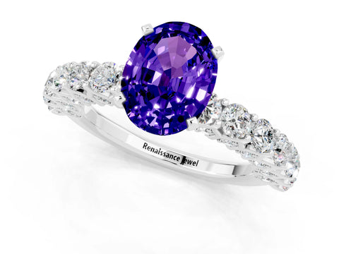 White gold Oval Cut Tanzanite Solitaire Ring with Shared Prong Pavé Band and Four-Prong Setting_1