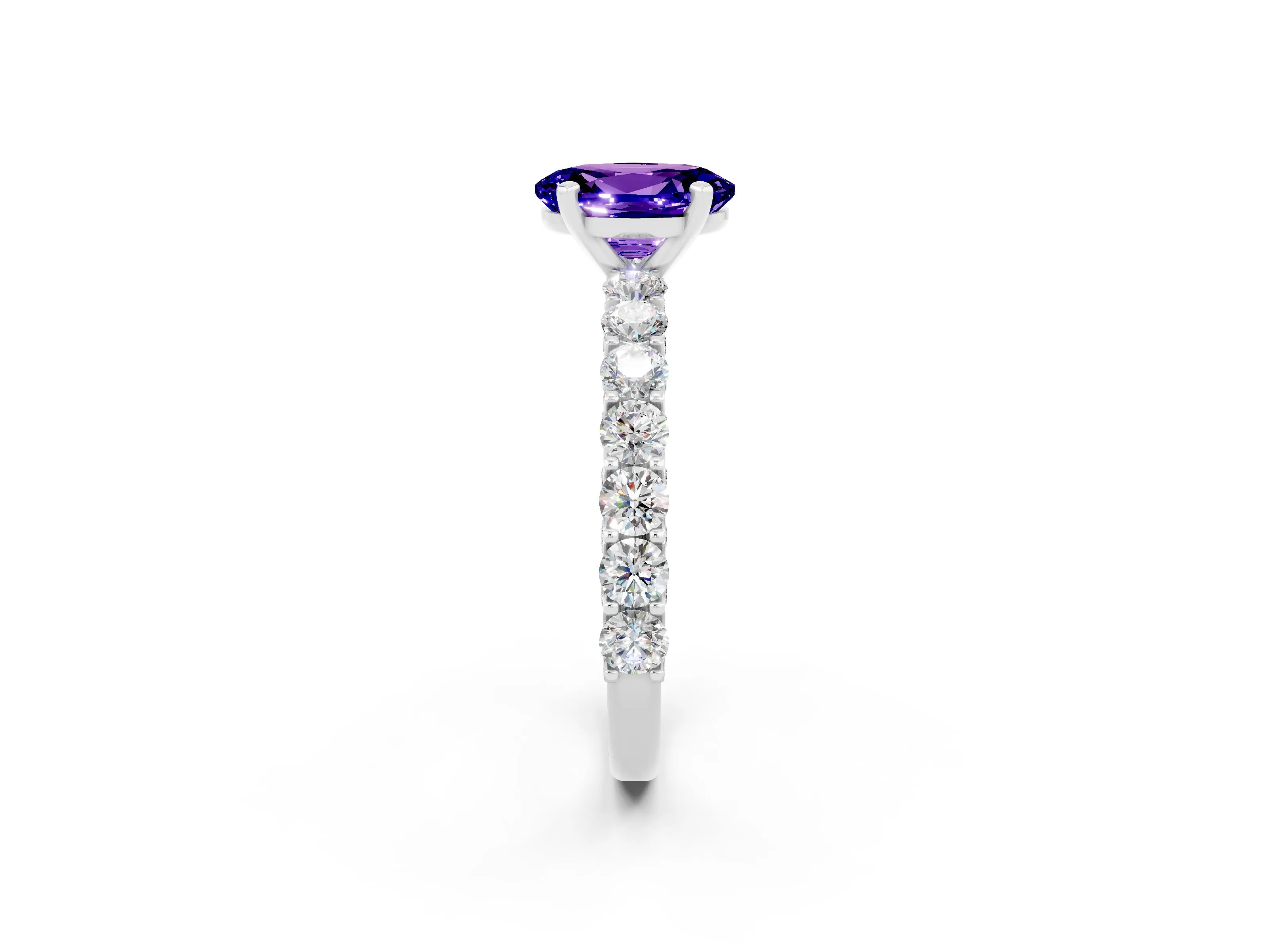 White gold Oval Cut Tanzanite Solitaire Ring with Shared Prong Pavé Band and Four-Prong Setting_2
