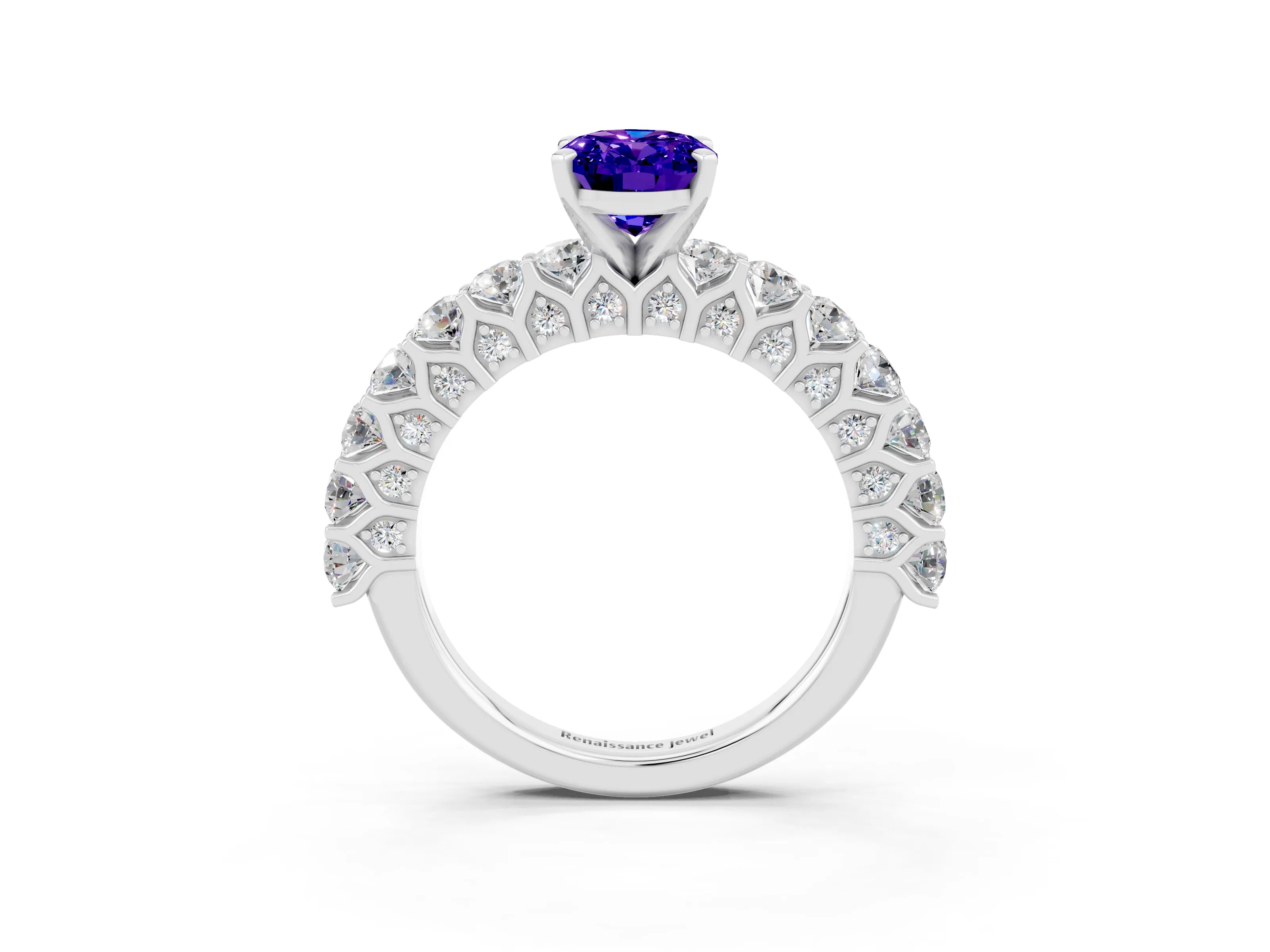 White gold Oval Cut Tanzanite Solitaire Ring with Shared Prong Pavé Band and Four-Prong Setting_3