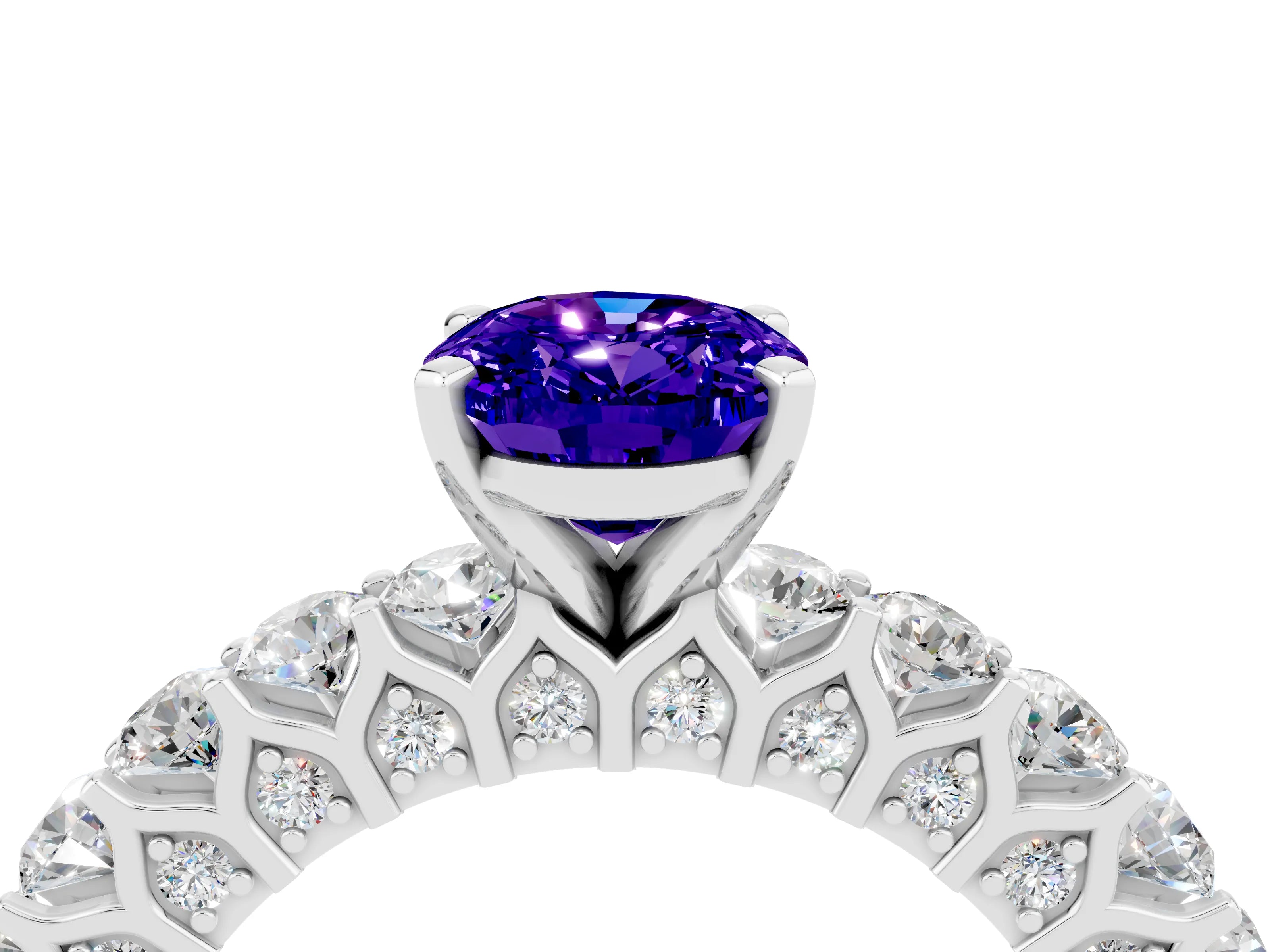 White gold Oval Cut Tanzanite Solitaire Ring with Shared Prong Pavé Band and Four-Prong Setting_4