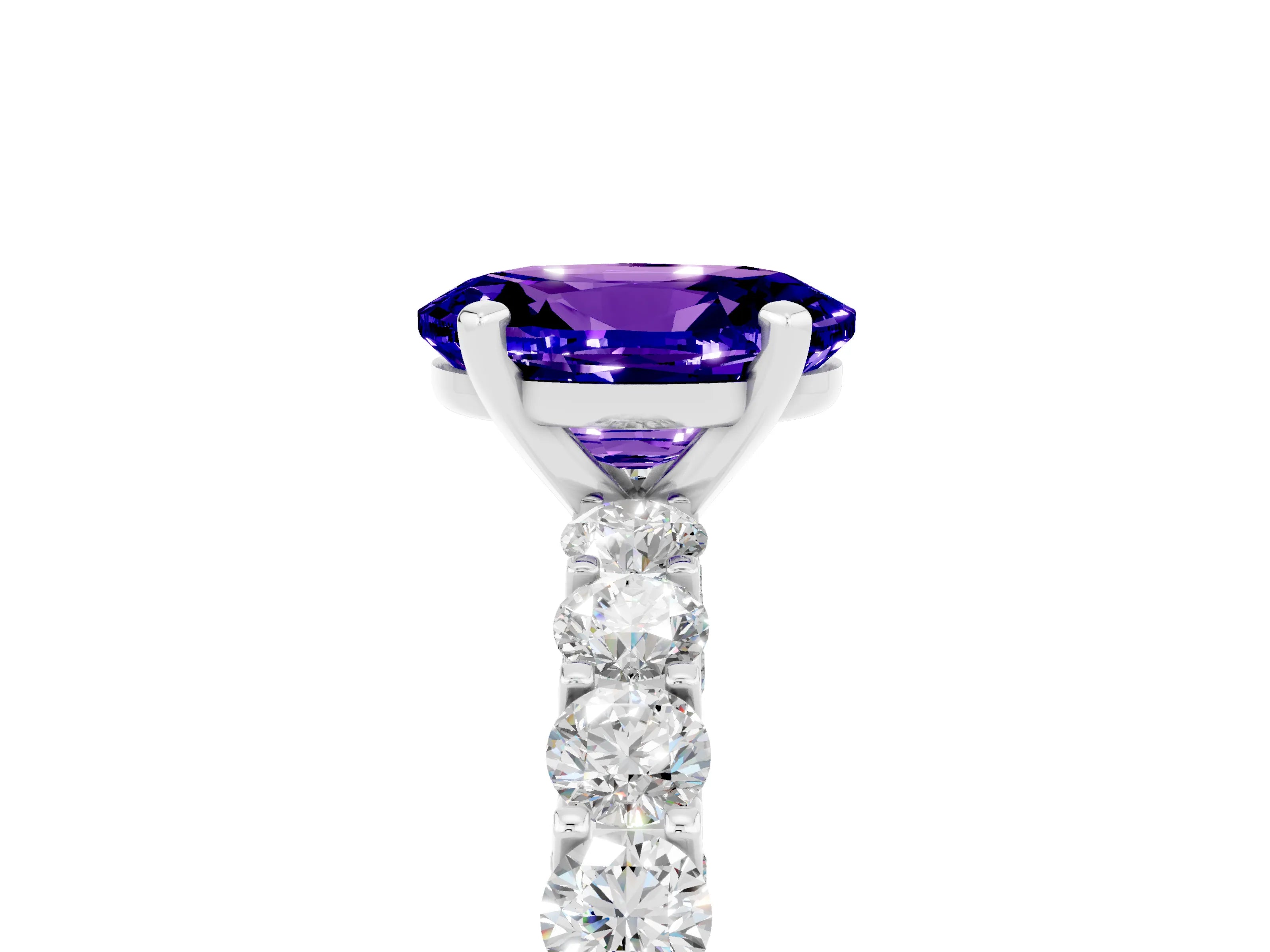White gold Oval Cut Tanzanite Solitaire Ring with Shared Prong Pavé Band and Four-Prong Setting_5