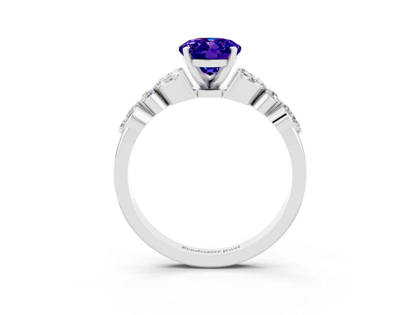 Platinum Oval Cut Tanzanite Solitaire Ring with Side Stones and Four-Prong Setting
