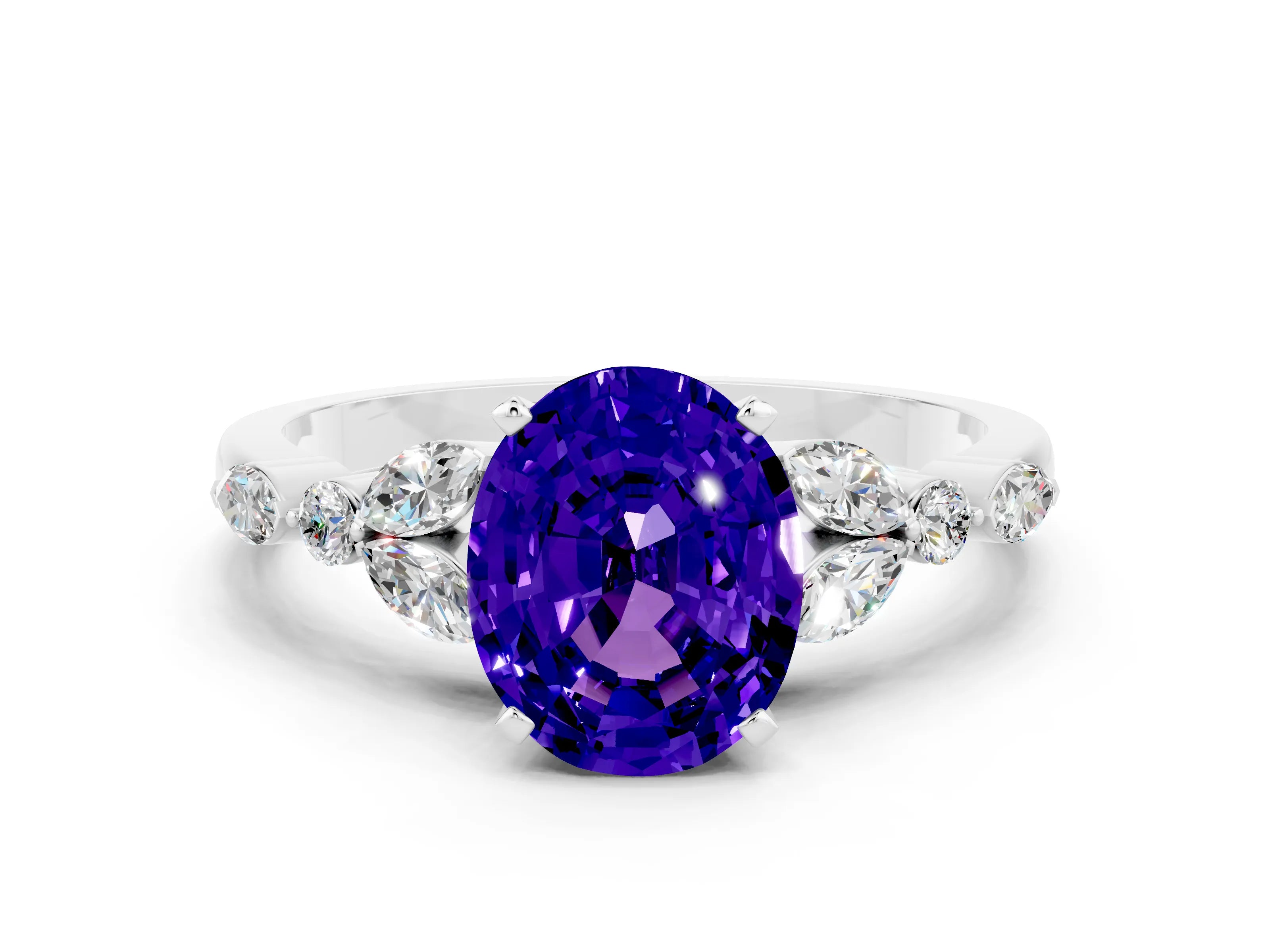 White gold Oval Cut Tanzanite Solitaire Ring with Side Stones and Four-Prong Setting_24