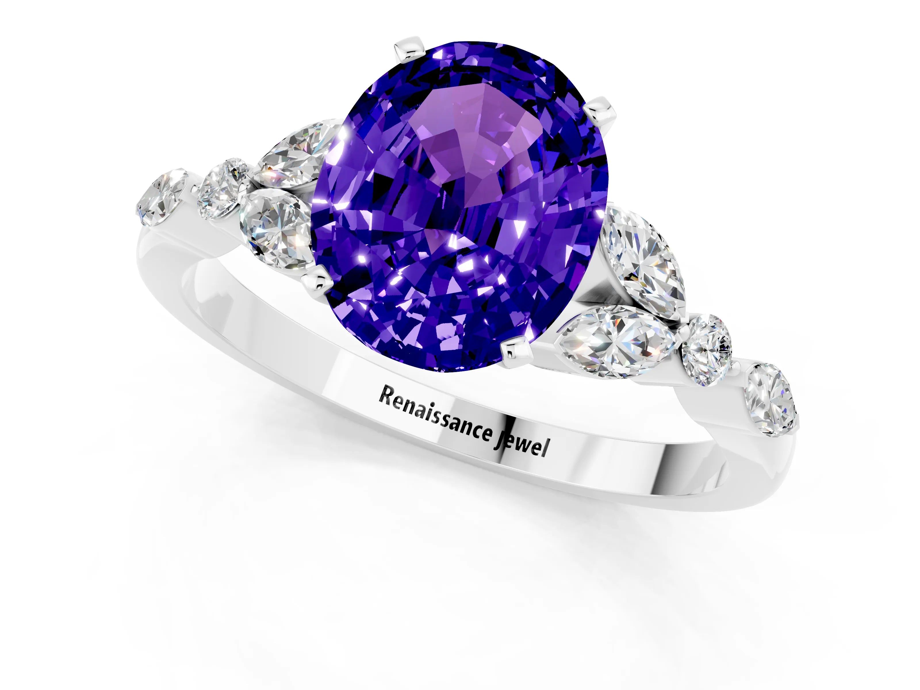 White gold Oval Cut Tanzanite Solitaire Ring with Side Stones and Four-Prong Setting_25