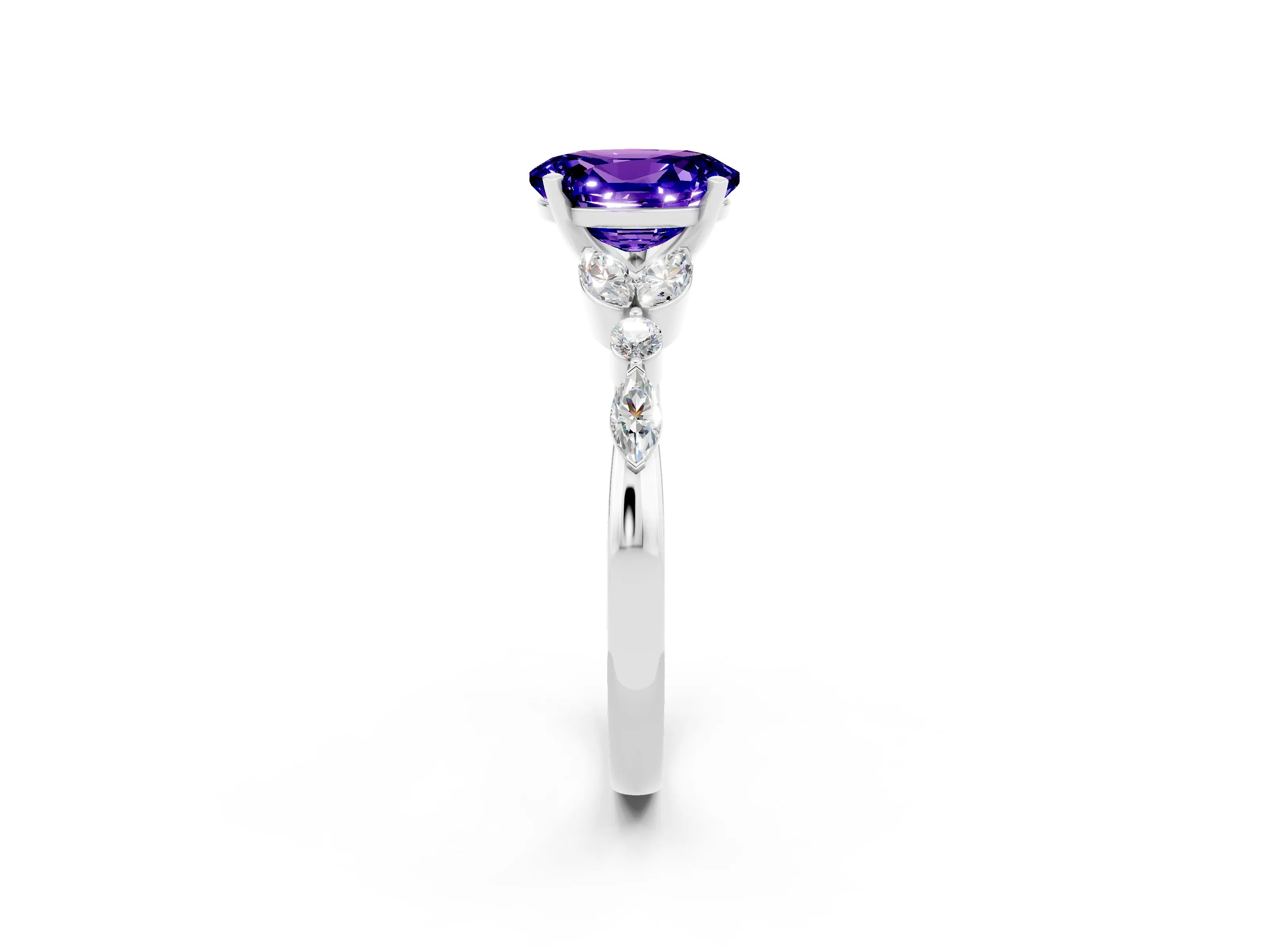 White gold Oval Cut Tanzanite Solitaire Ring with Side Stones and Four-Prong Setting_26