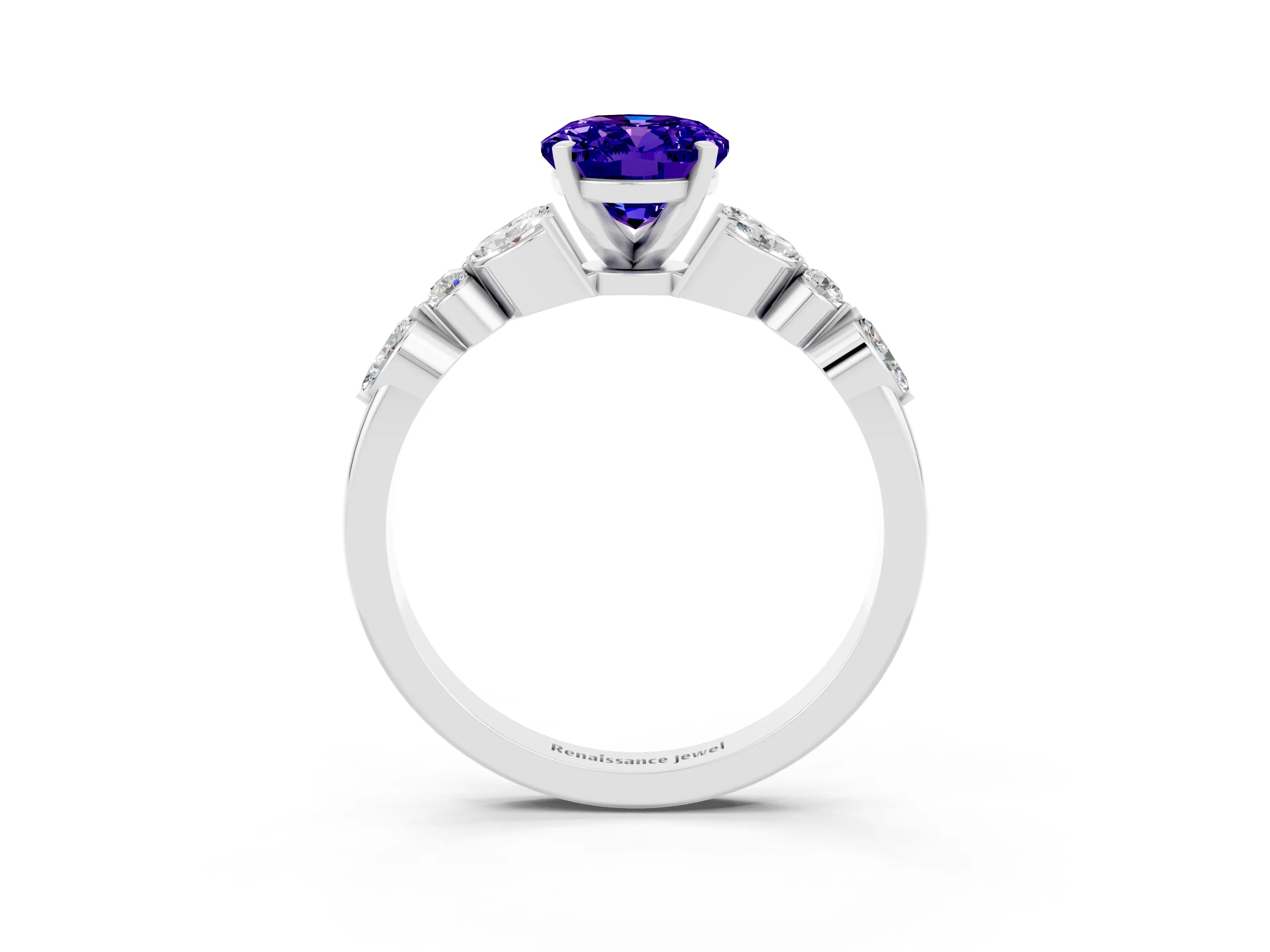 White gold Oval Cut Tanzanite Solitaire Ring with Side Stones and Four-Prong Setting_27