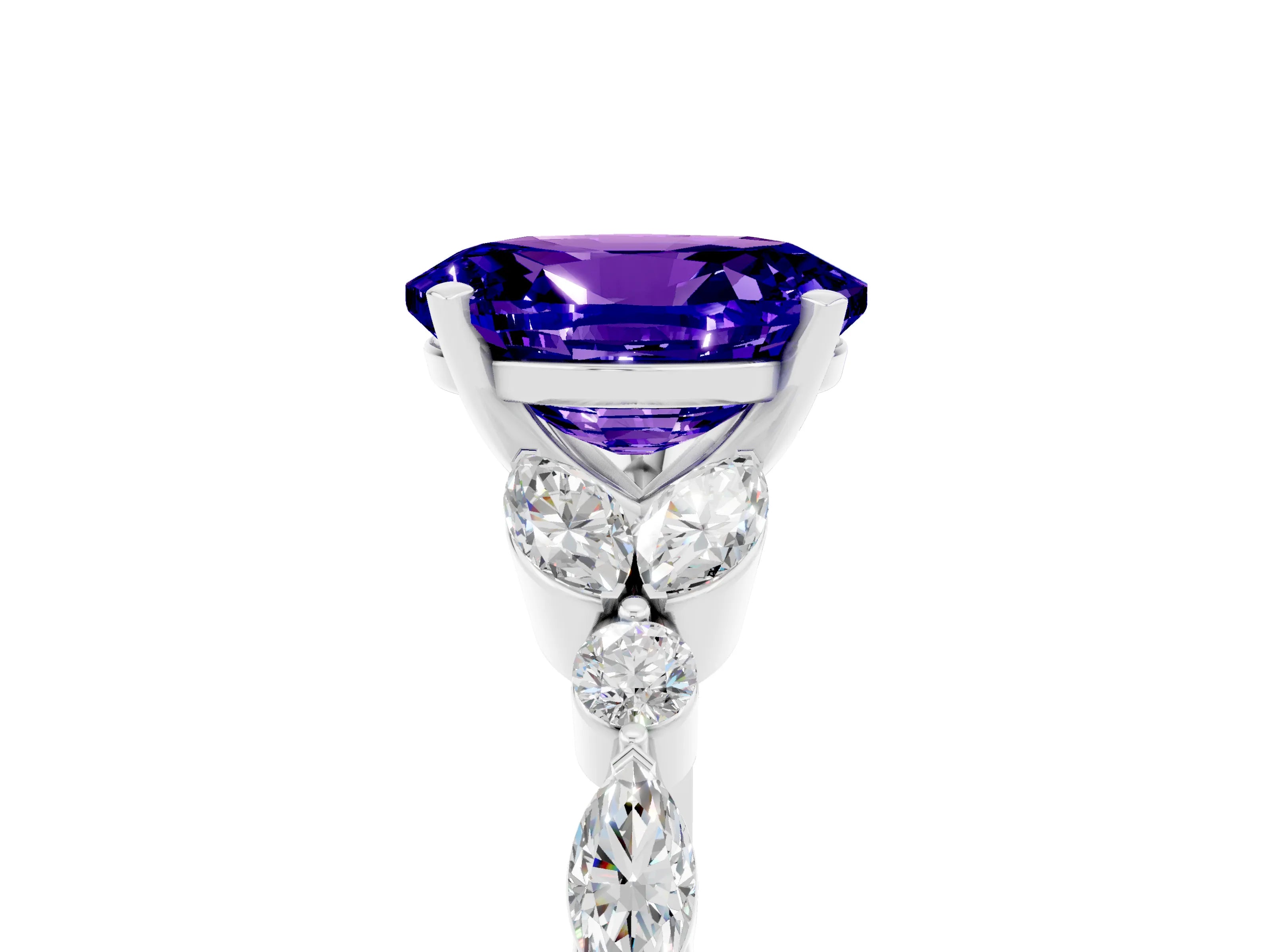 White gold Oval Cut Tanzanite Solitaire Ring with Side Stones and Four-Prong Setting_29