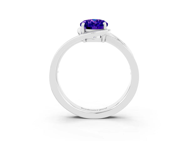White gold Oval Cut Tanzanite Solitaire Ring with Split Shank and Prong Setting