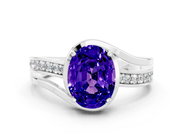 White gold Oval Cut Tanzanite Solitaire Ring with Split Shank and Prong Setting