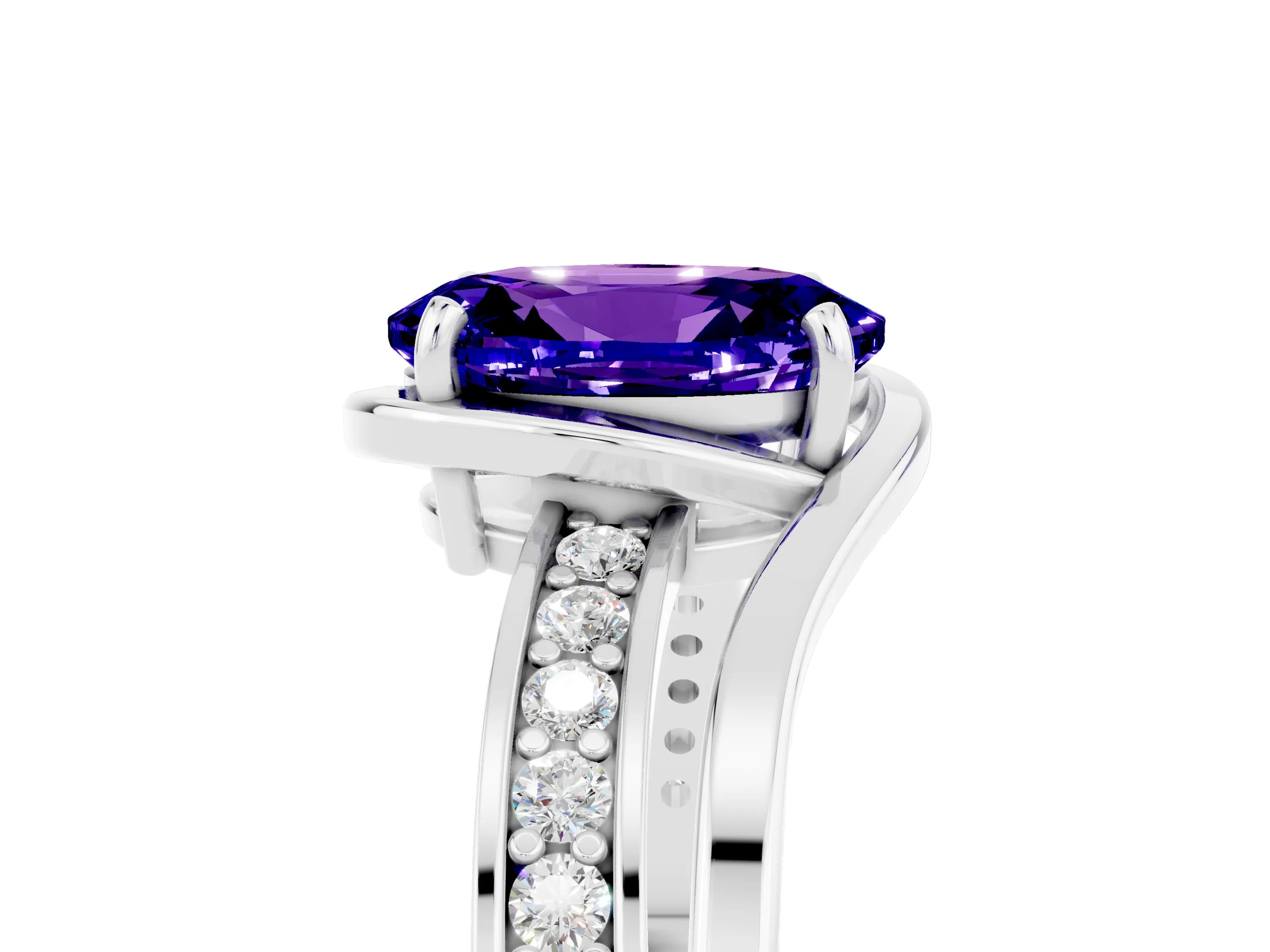 White gold Oval Cut Tanzanite Solitaire Ring with Split Shank and Prong Setting_5