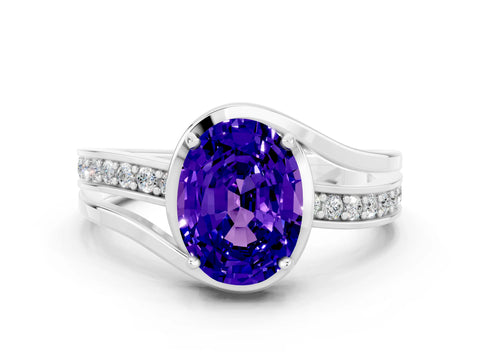 White gold Oval Cut Tanzanite Solitaire Ring with Split Shank and Prong Setting