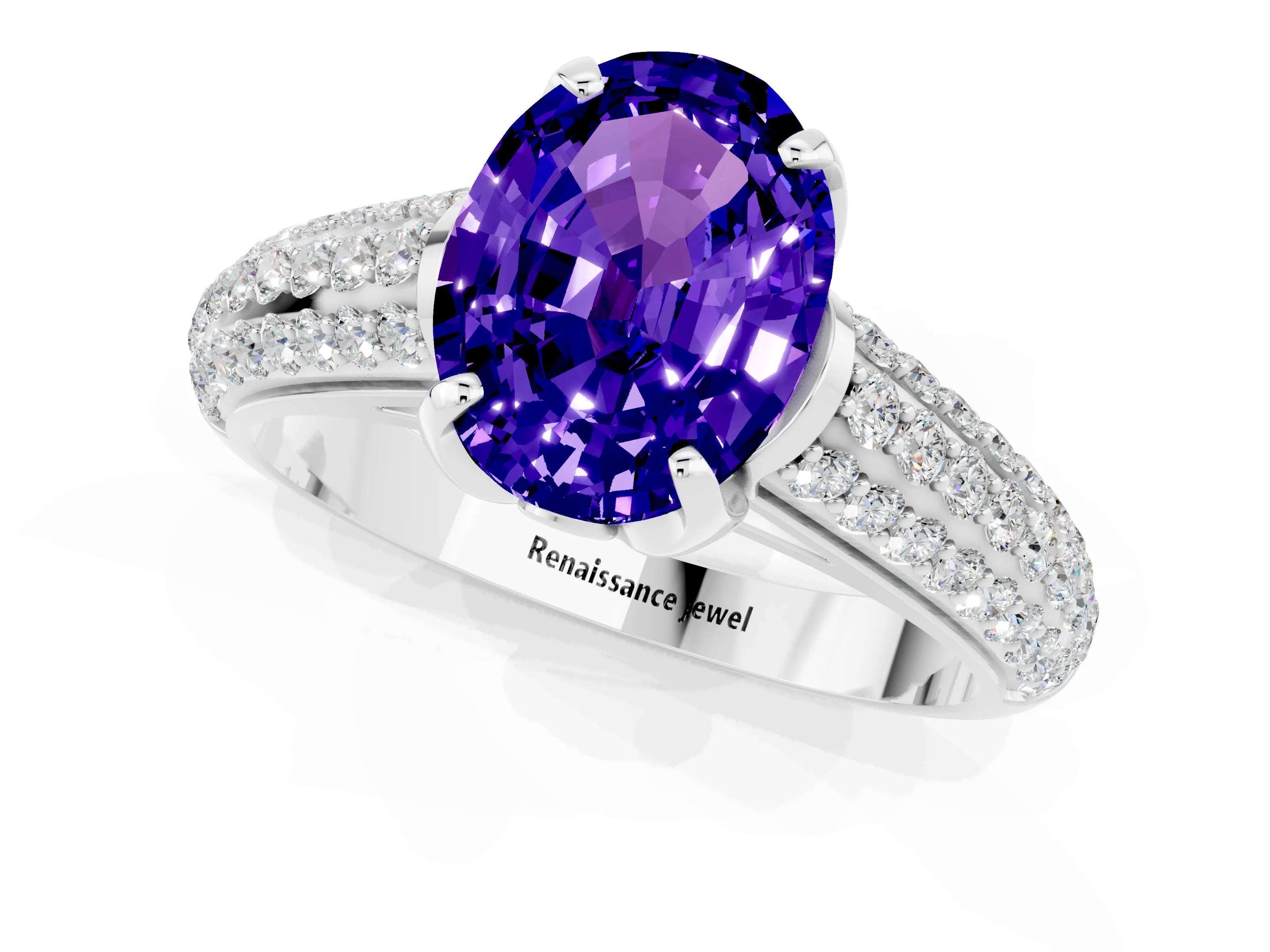 White gold Oval Cut Tanzanite Solitaire Ring with Three-Row Pavé Band and Four-Prong Setting_13