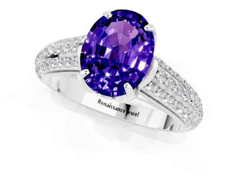 White gold Oval Cut Tanzanite Solitaire Ring with Three-Row Pavé Band and Four-Prong Setting_13