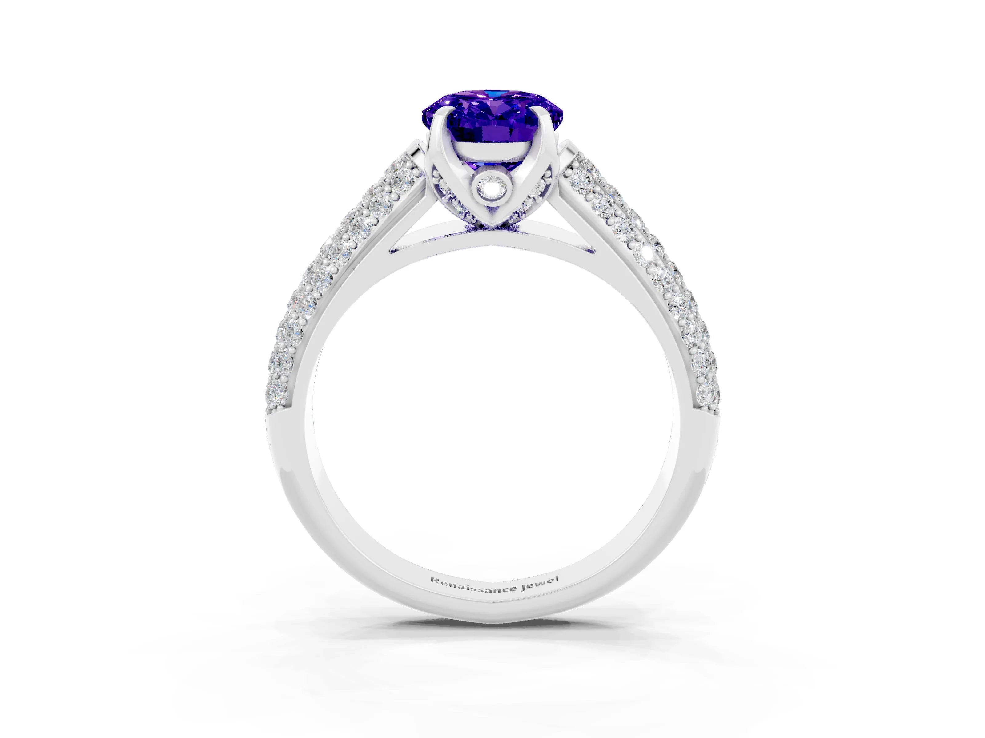 White gold Oval Cut Tanzanite Solitaire Ring with Three-Row Pavé Band and Four-Prong Setting_15
