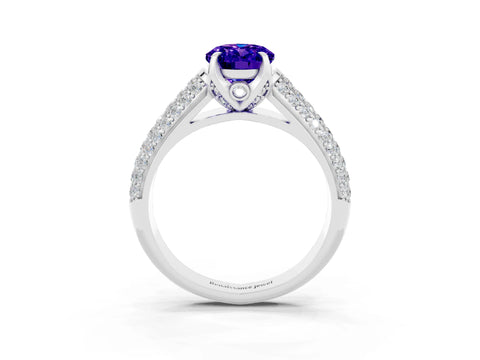 White gold Oval Cut Tanzanite Solitaire Ring with Three-Row Pavé Band and Four-Prong Setting_15