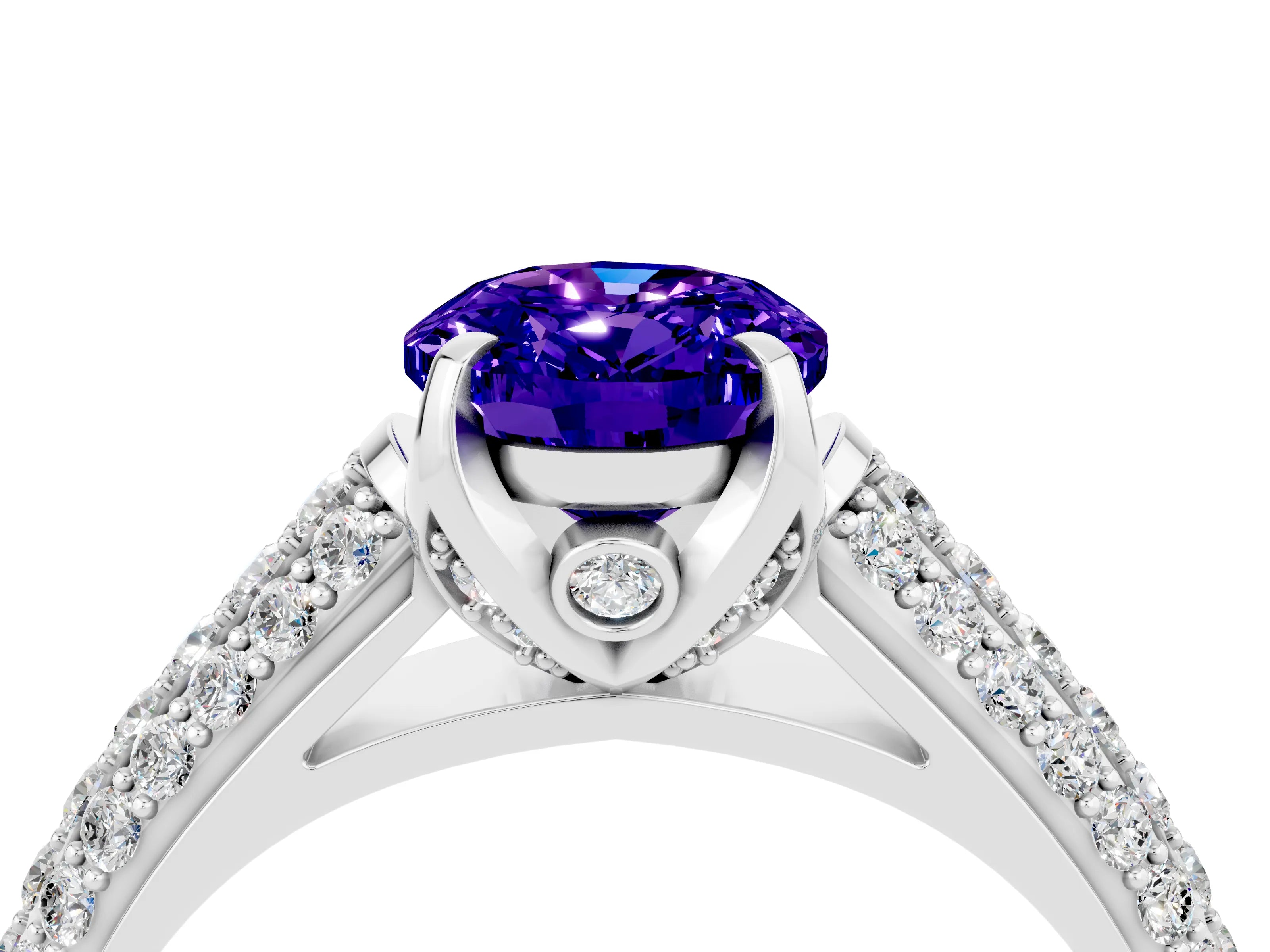 White gold Oval Cut Tanzanite Solitaire Ring with Three-Row Pavé Band and Four-Prong Setting_16