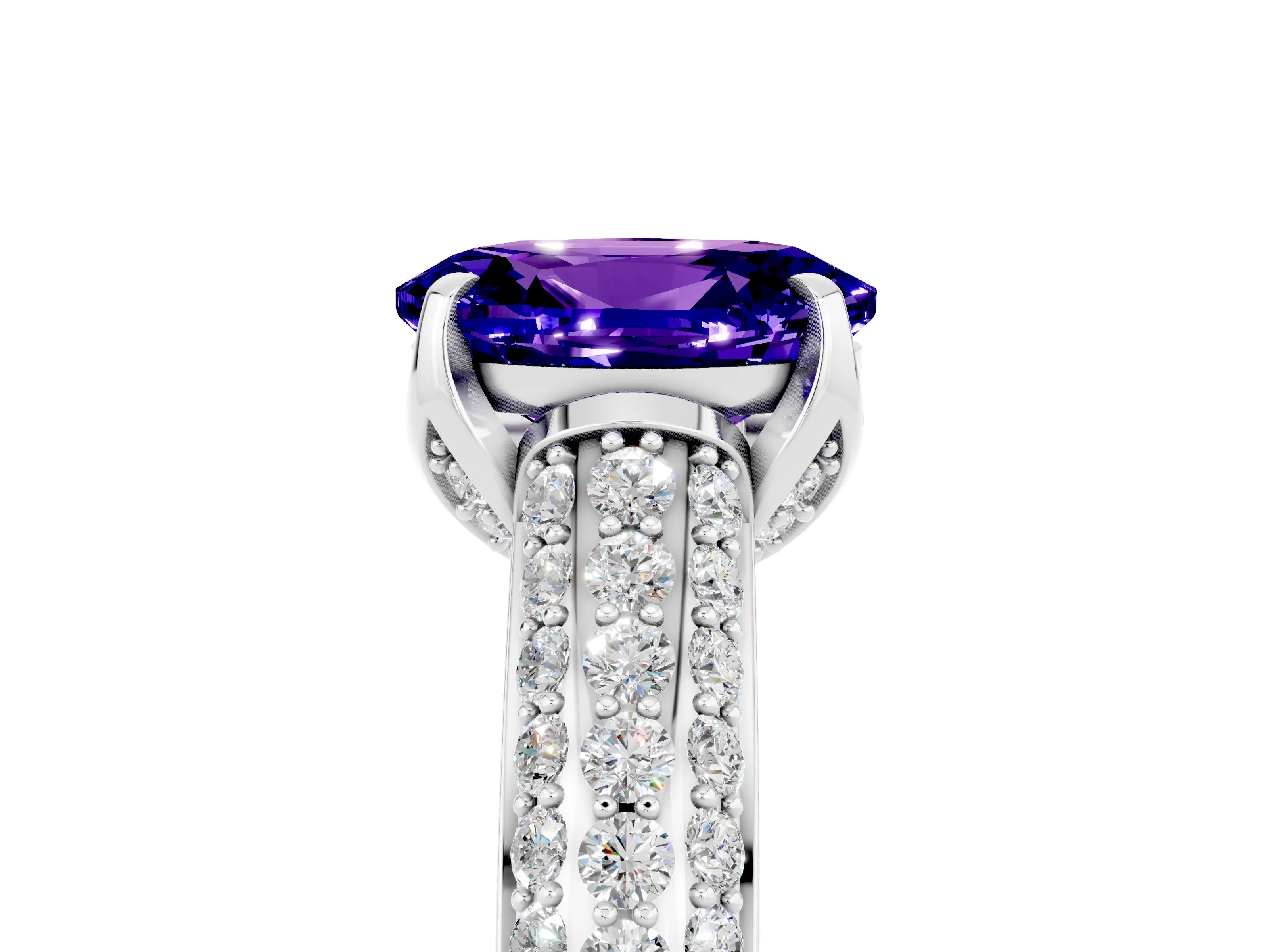 White gold Oval Cut Tanzanite Solitaire Ring with Three-Row Pavé Band and Four-Prong Setting_17