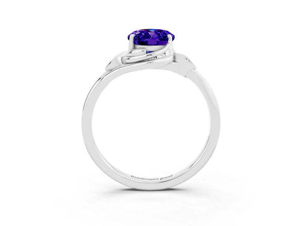 Platinum Oval Cut Tanzanite Solitaire Ring with Twist Band and Four-Prong Setting