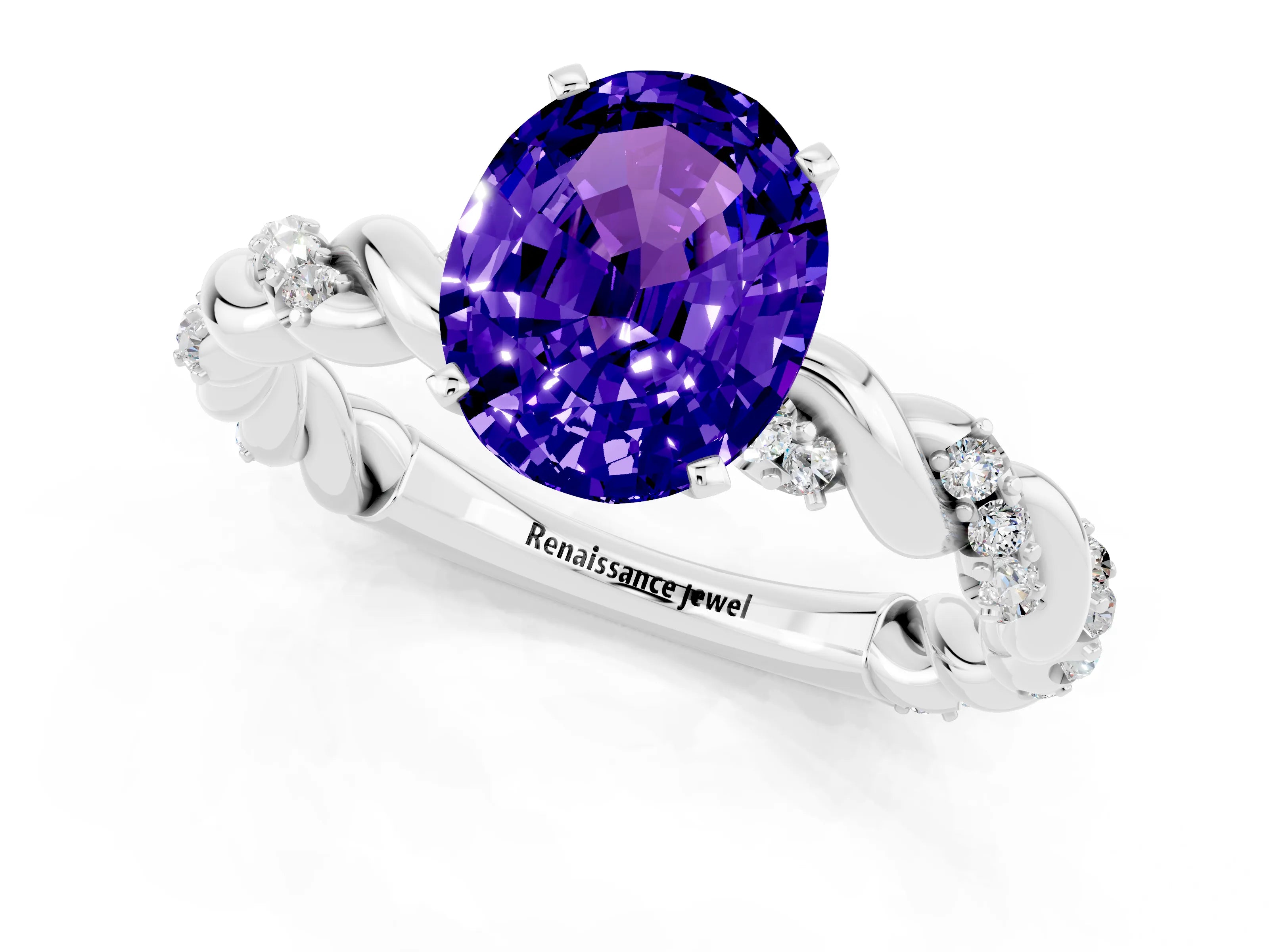 White gold Oval Cut Tanzanite Solitaire Ring with Twisted Band and Pavé Accents_1