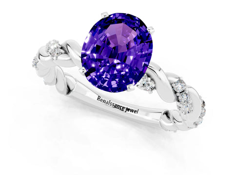 White gold Oval Cut Tanzanite Solitaire Ring with Twisted Band and Pavé Accents_1