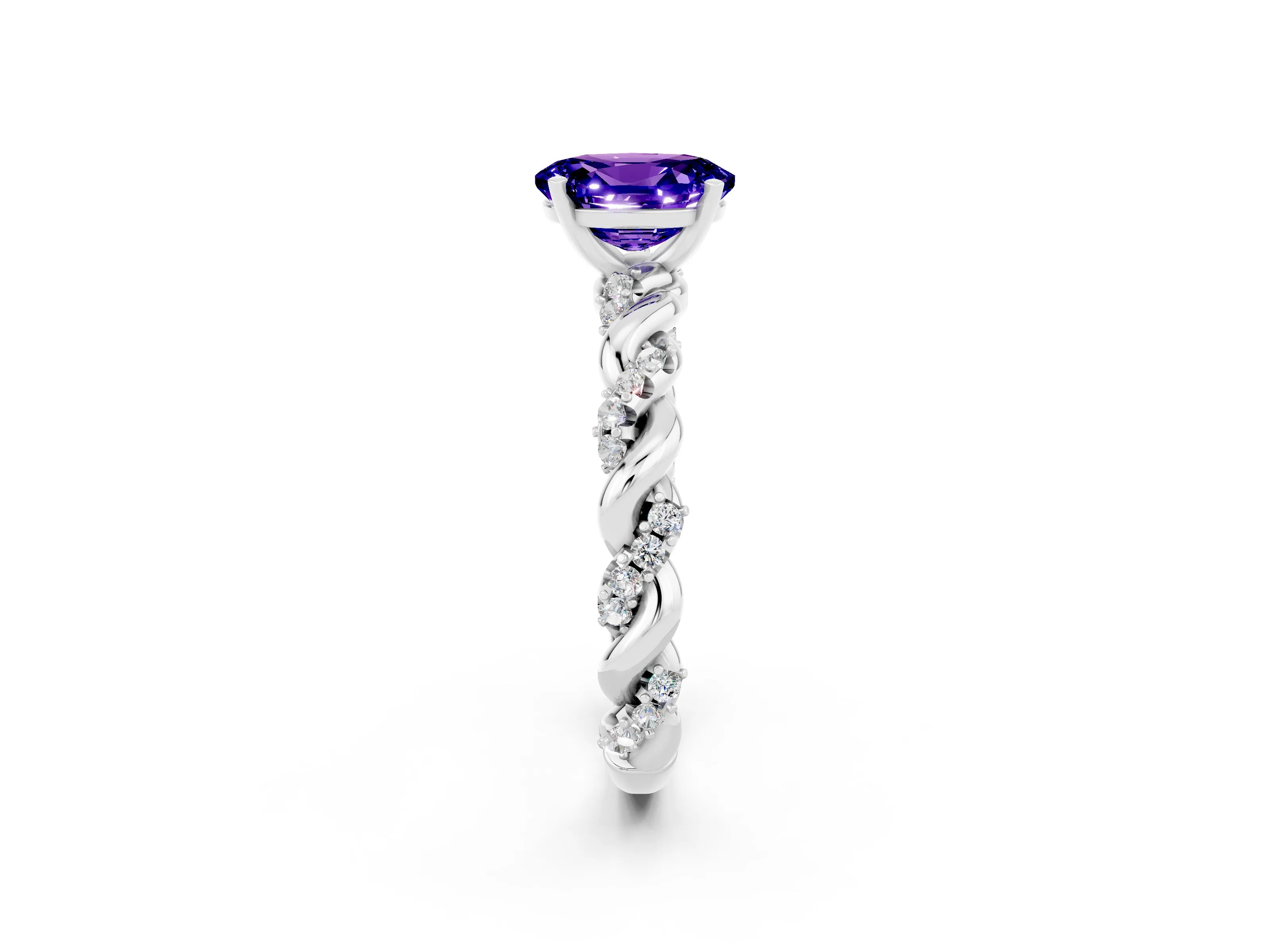White gold Oval Cut Tanzanite Solitaire Ring with Twisted Band and Pavé Accents_2