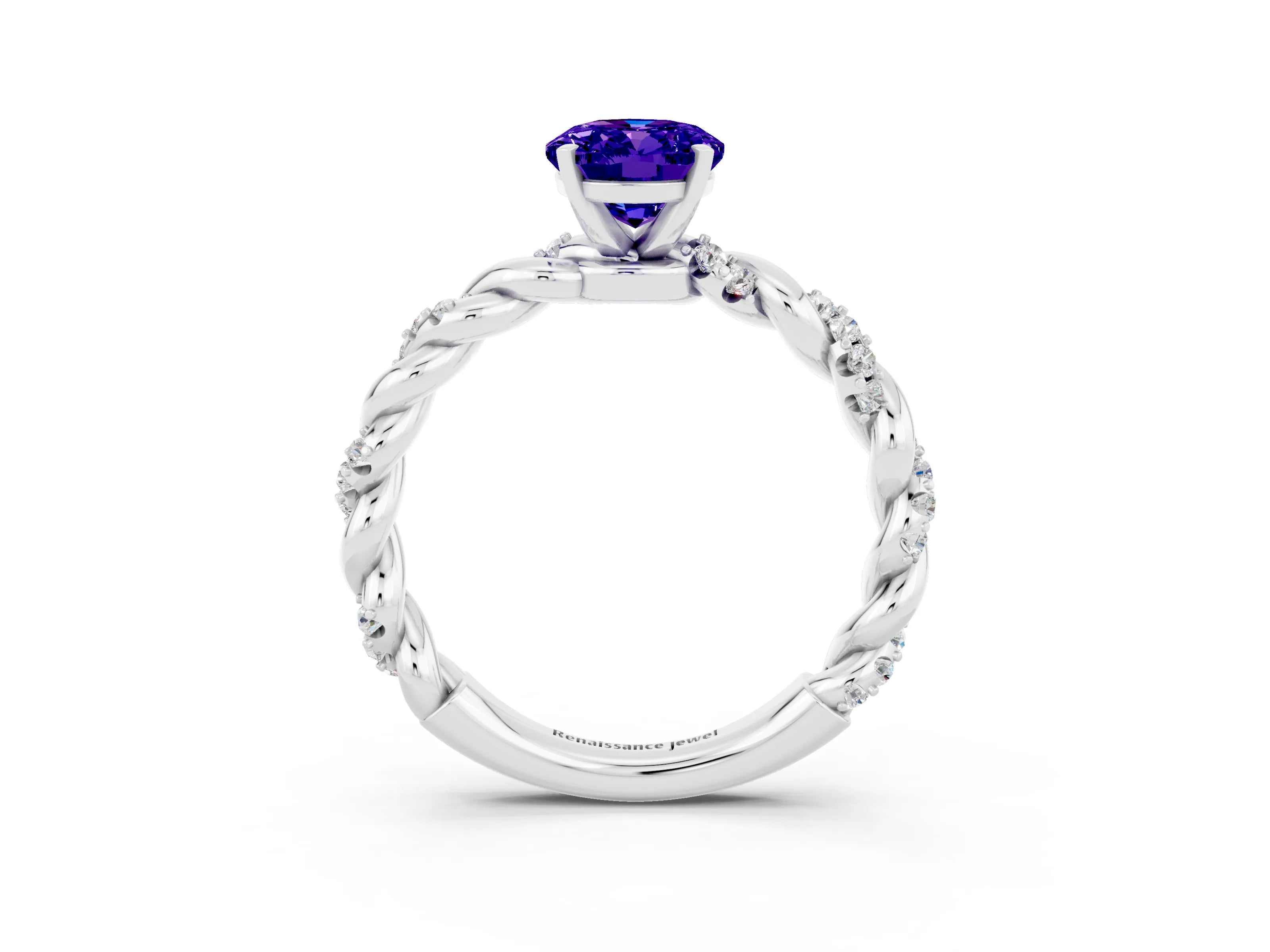 White gold Oval Cut Tanzanite Solitaire Ring with Twisted Band and Pavé Accents_3