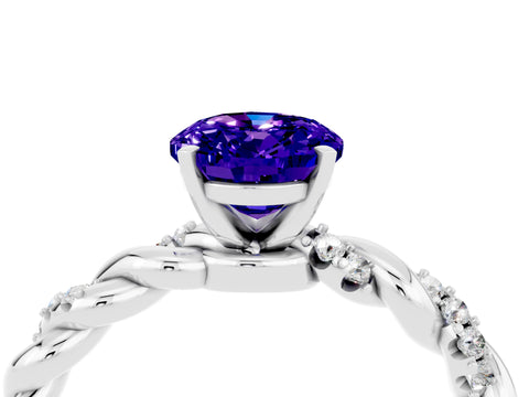 White gold Oval Cut Tanzanite Solitaire Ring with Twisted Band and Pavé Accents_4