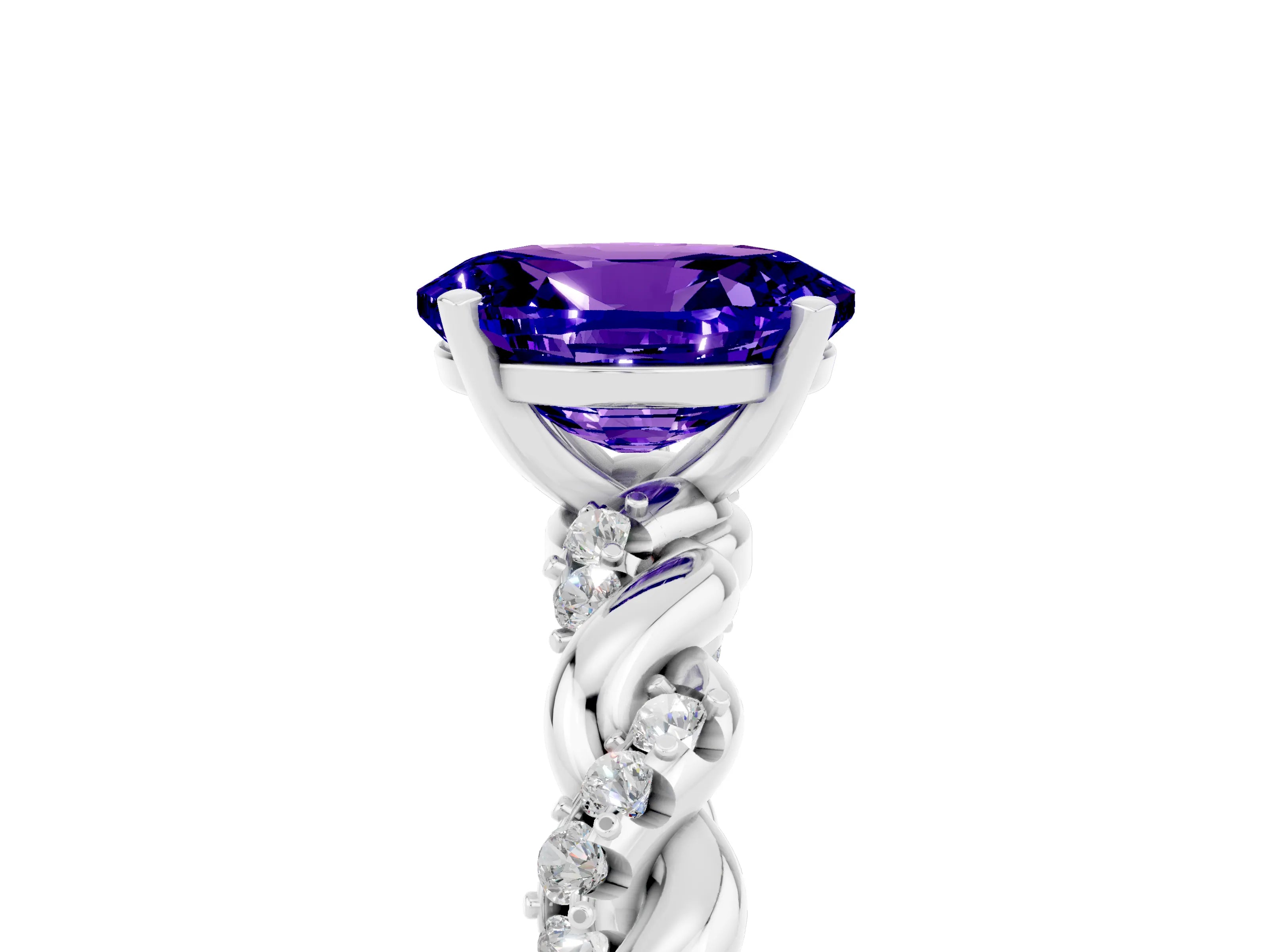 White gold Oval Cut Tanzanite Solitaire Ring with Twisted Band and Pavé Accents_5
