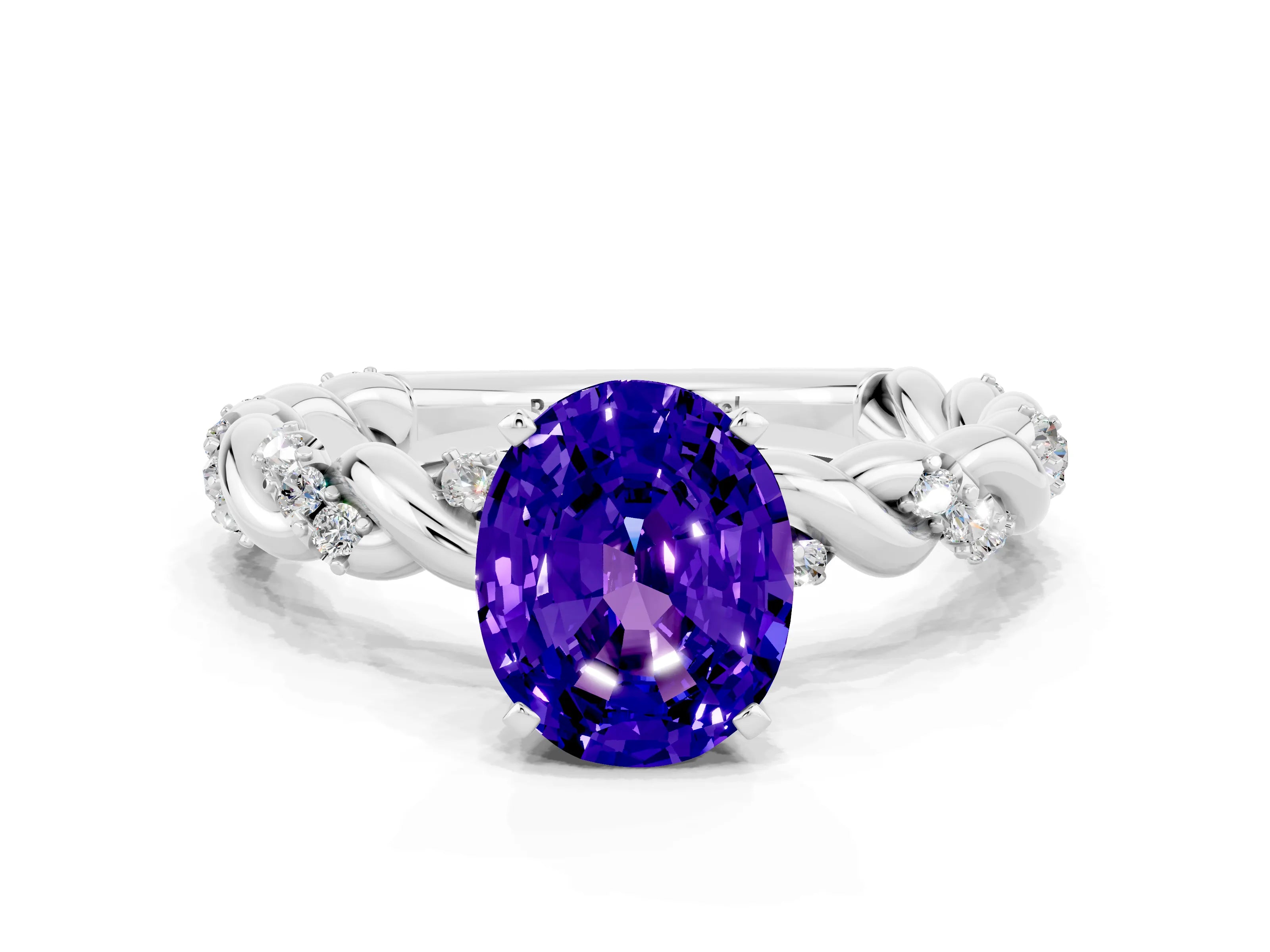 White gold Oval Cut Tanzanite Solitaire Ring with Twisted Band and Pavé Accents
