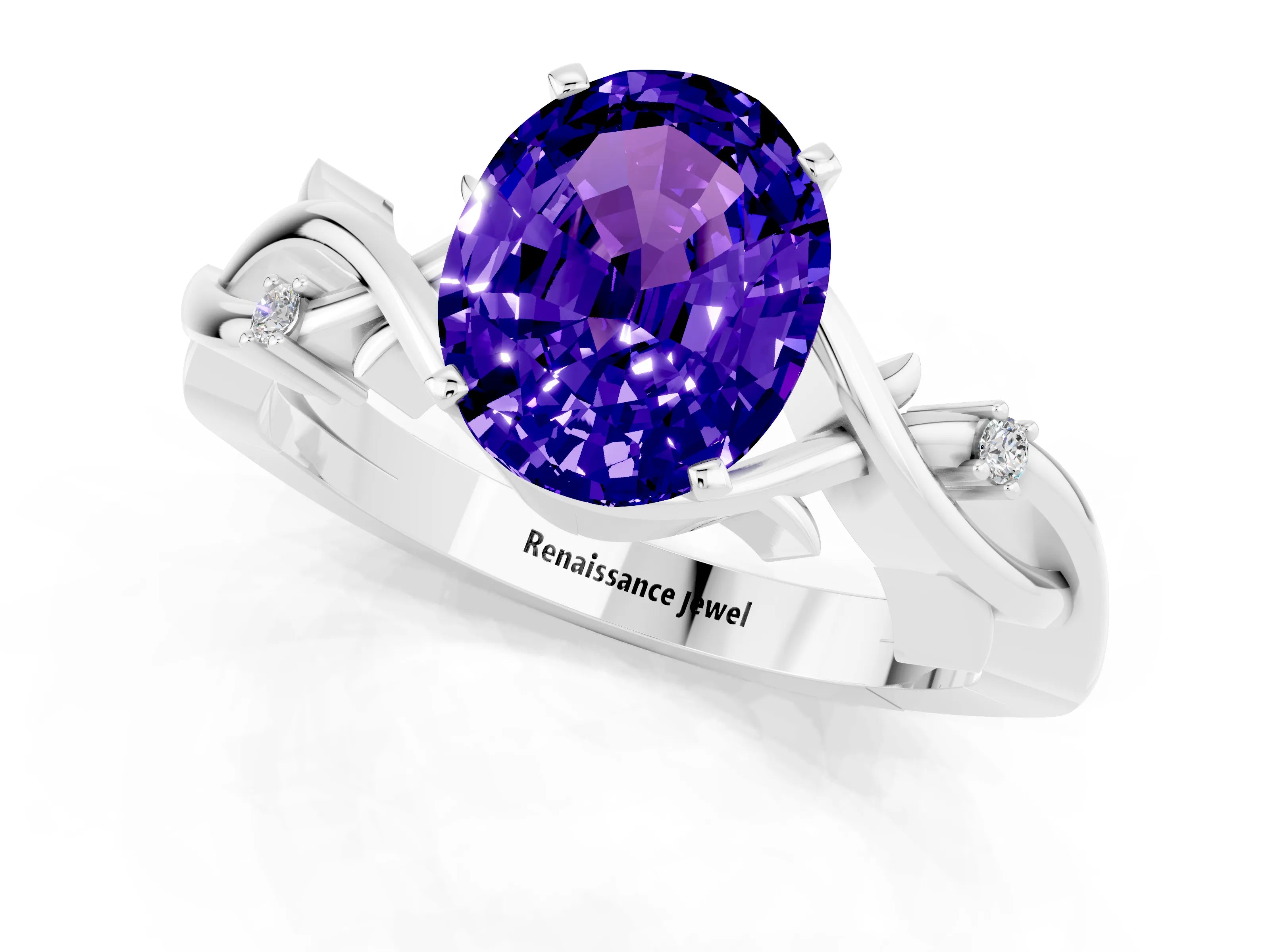 White gold Oval Cut Tanzanite Solitaire Ring with Twisted Band and Prong Setting_1