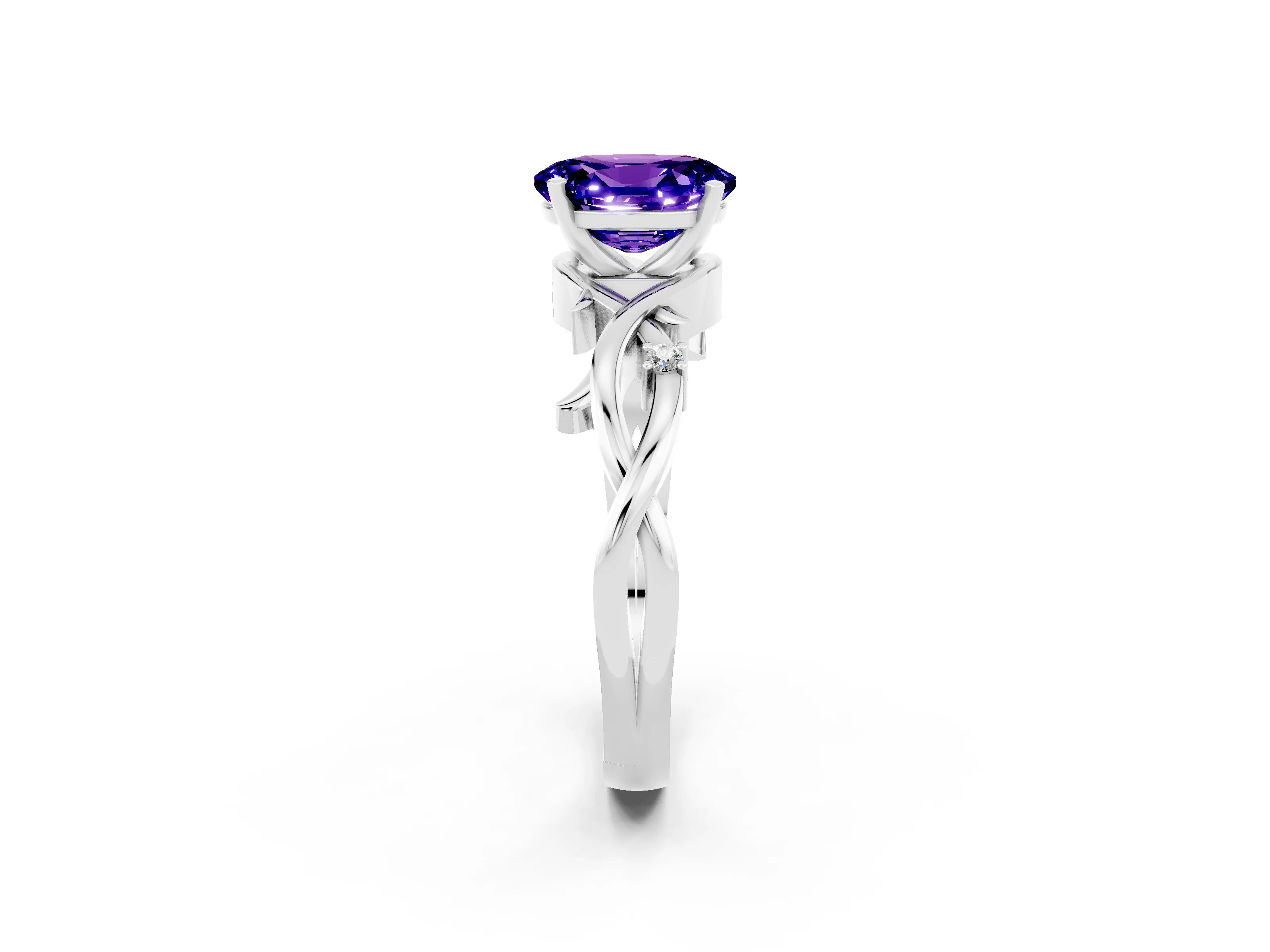 White gold Oval Cut Tanzanite Solitaire Ring with Twisted Band and Prong Setting_2